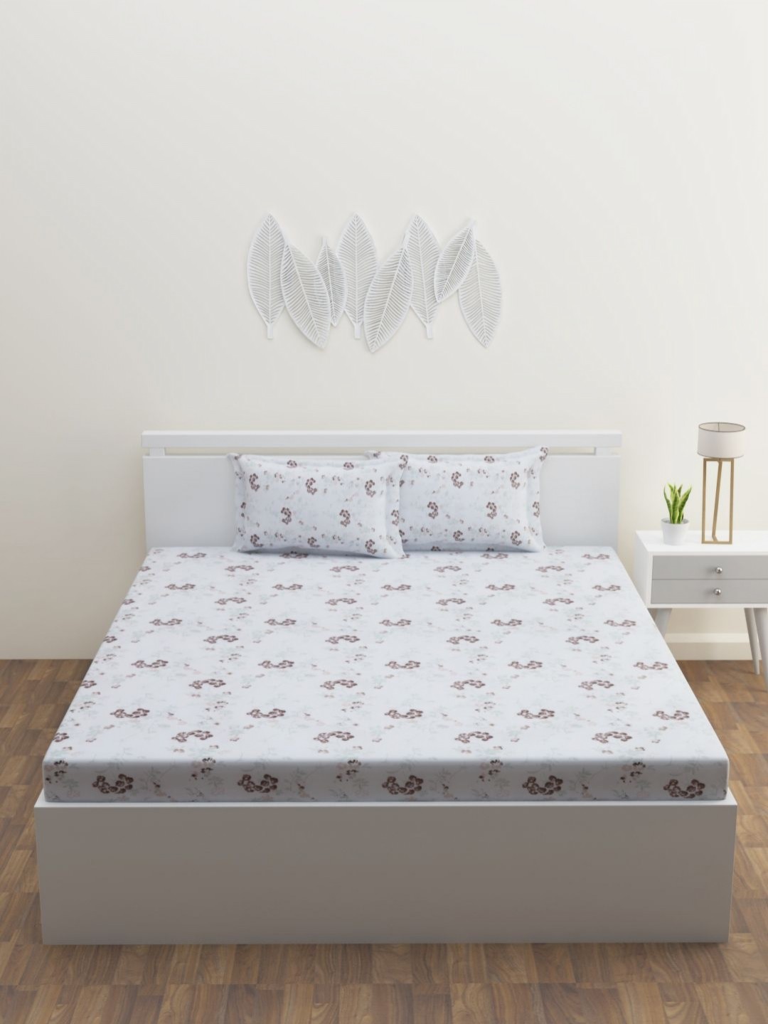 

HAPPY HUES White & Brown Floral 180 TC King Bedsheet Set 2.74 m x 2.74 m