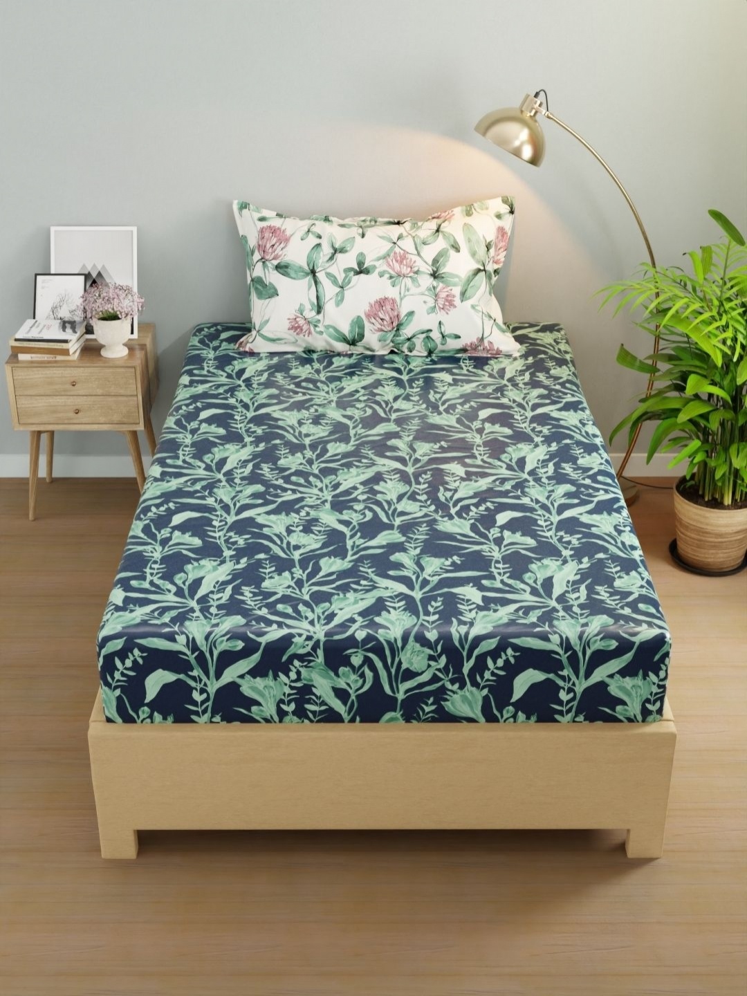 

KOPA Rivera Navy Blue & Green Floral Microfiber 200 TC Single Bedsheet Set 1.50 m X 2.24 m