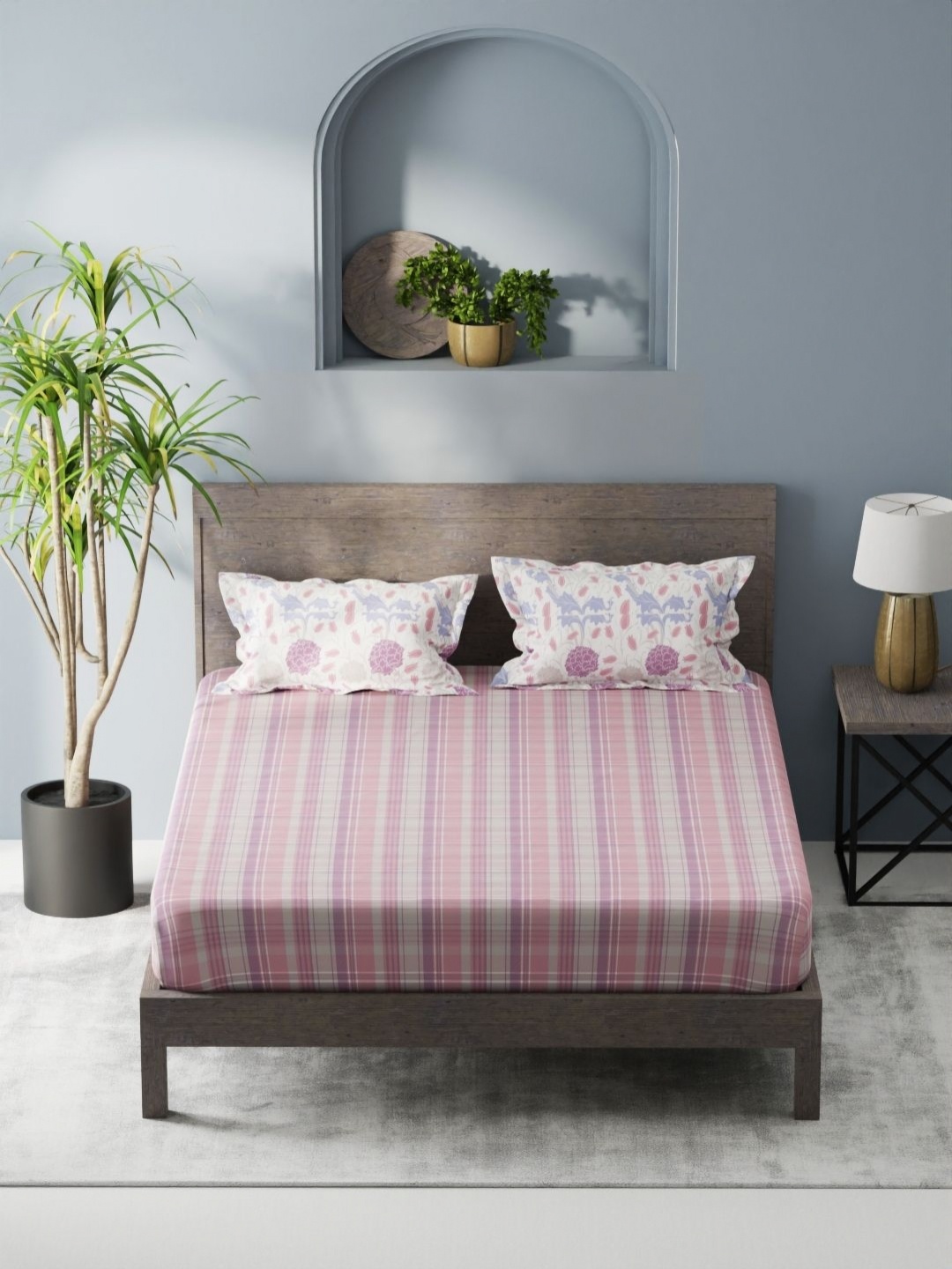 

KOPA Denim Cotton Pink Checked Microfiber 200 TC King Bedsheet Set 2.31 m X 2.69 m