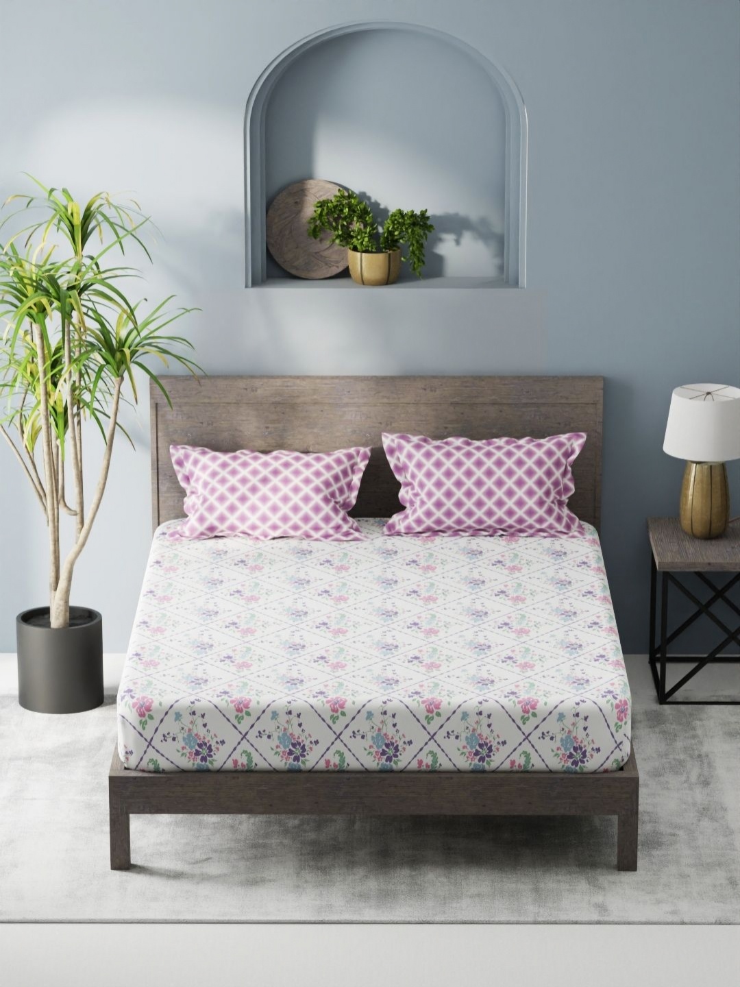 

KOPA Denim Cotton White & Violet Floral Microfiber 200 TC King Bedsheet Set2.31 m X 2.54 m