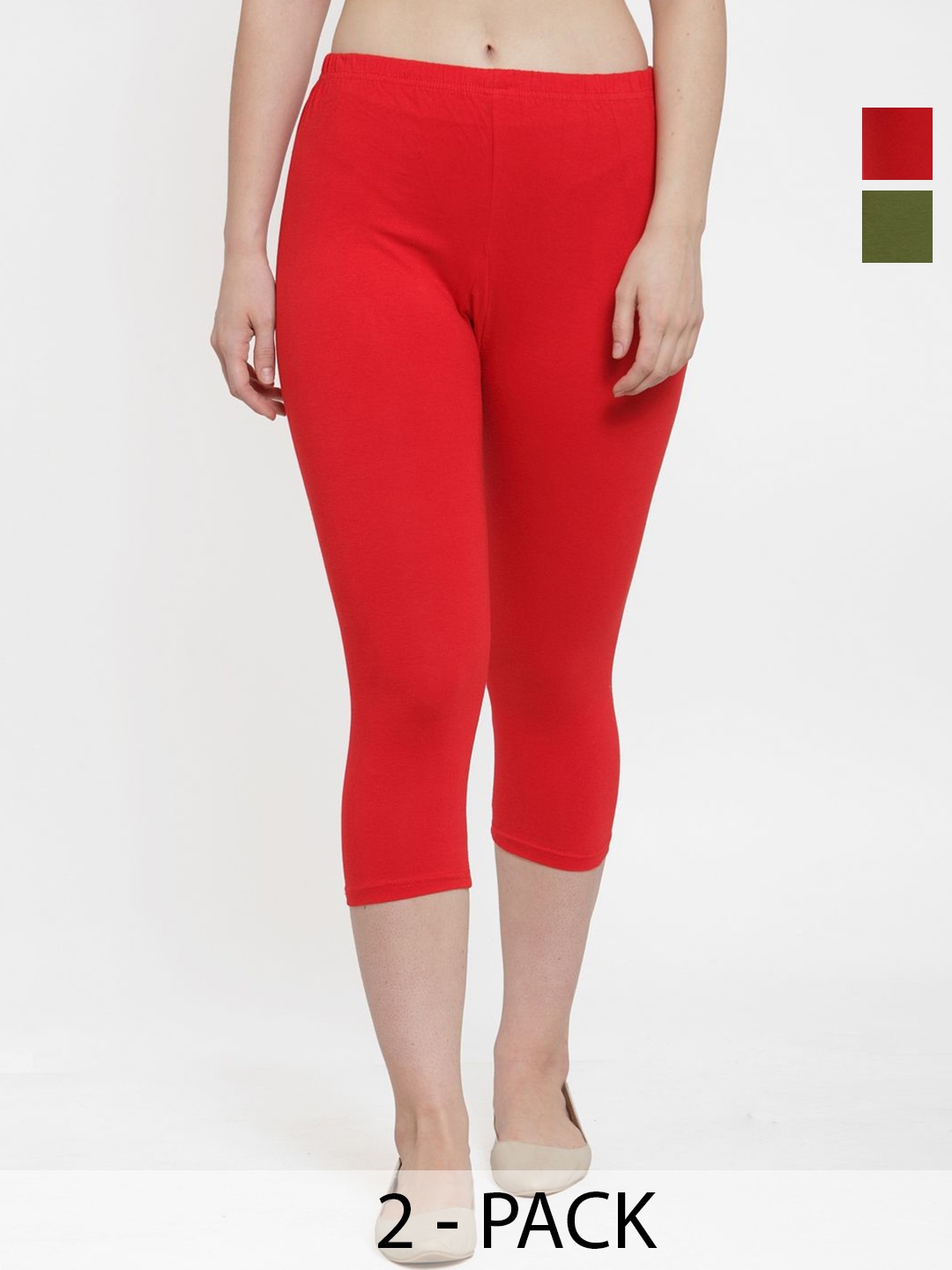 

GRACIT Pack of 2 Women Cotton Skinny Fit Slip-On Capris, Red