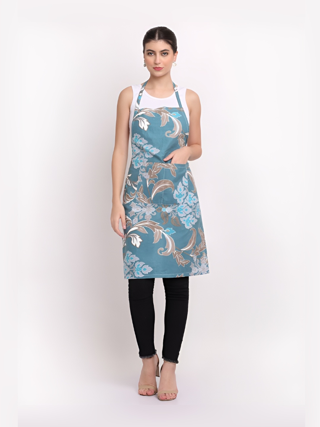 

Arrabi Blue & Grey Leaf Printed Cotton Aprons With Pockets