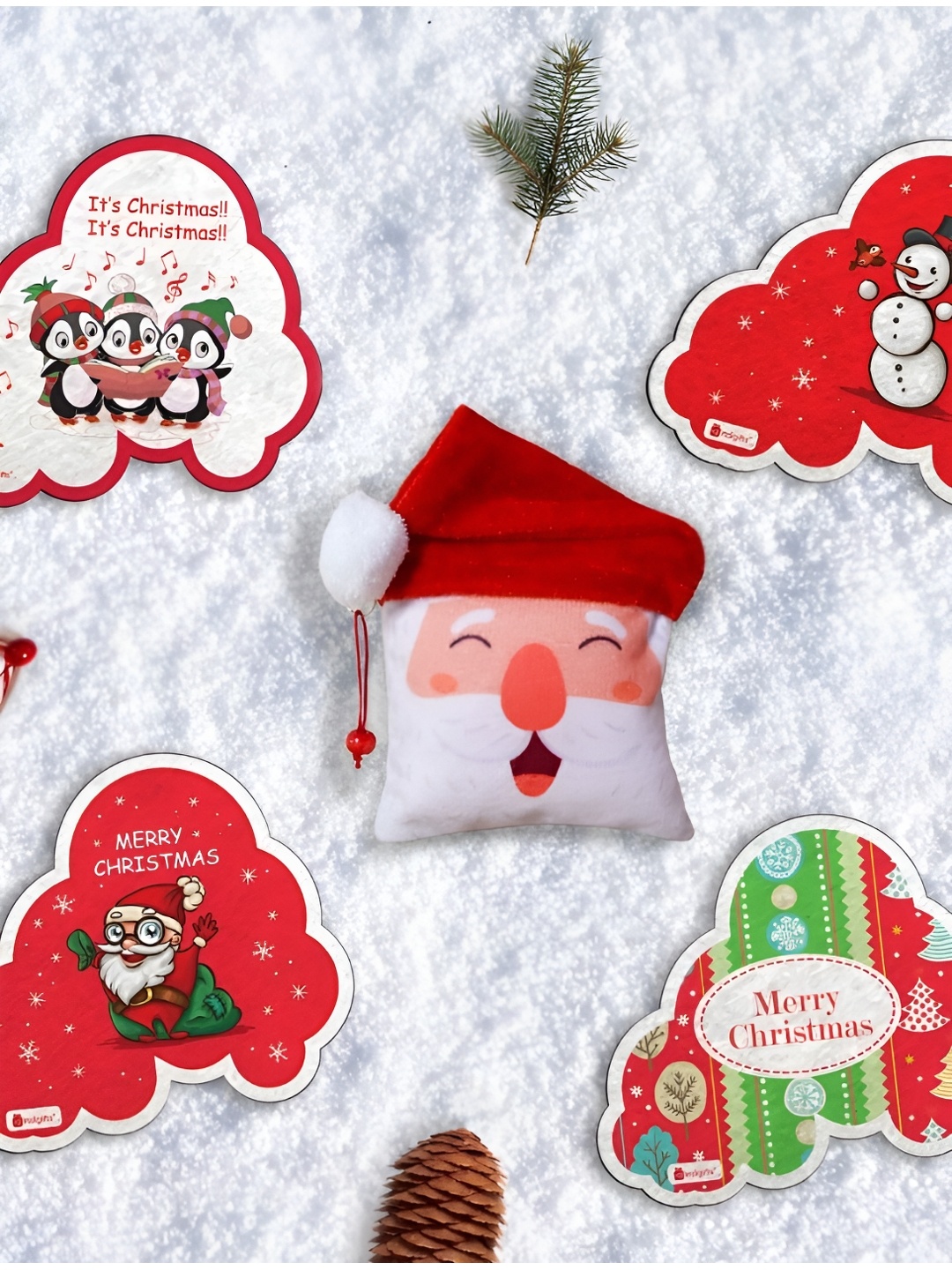 

Indigifts Set Of 4 Fridge Magnet Revesible Santa Soft Toy Decorative Magnets, Red