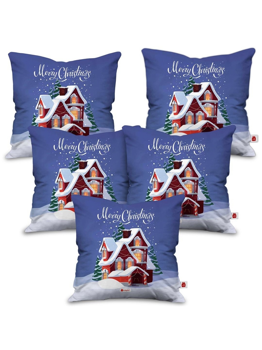 

Indigifts 5-Pcs Blue & Red Merry Christmas Printed Filled Cushions