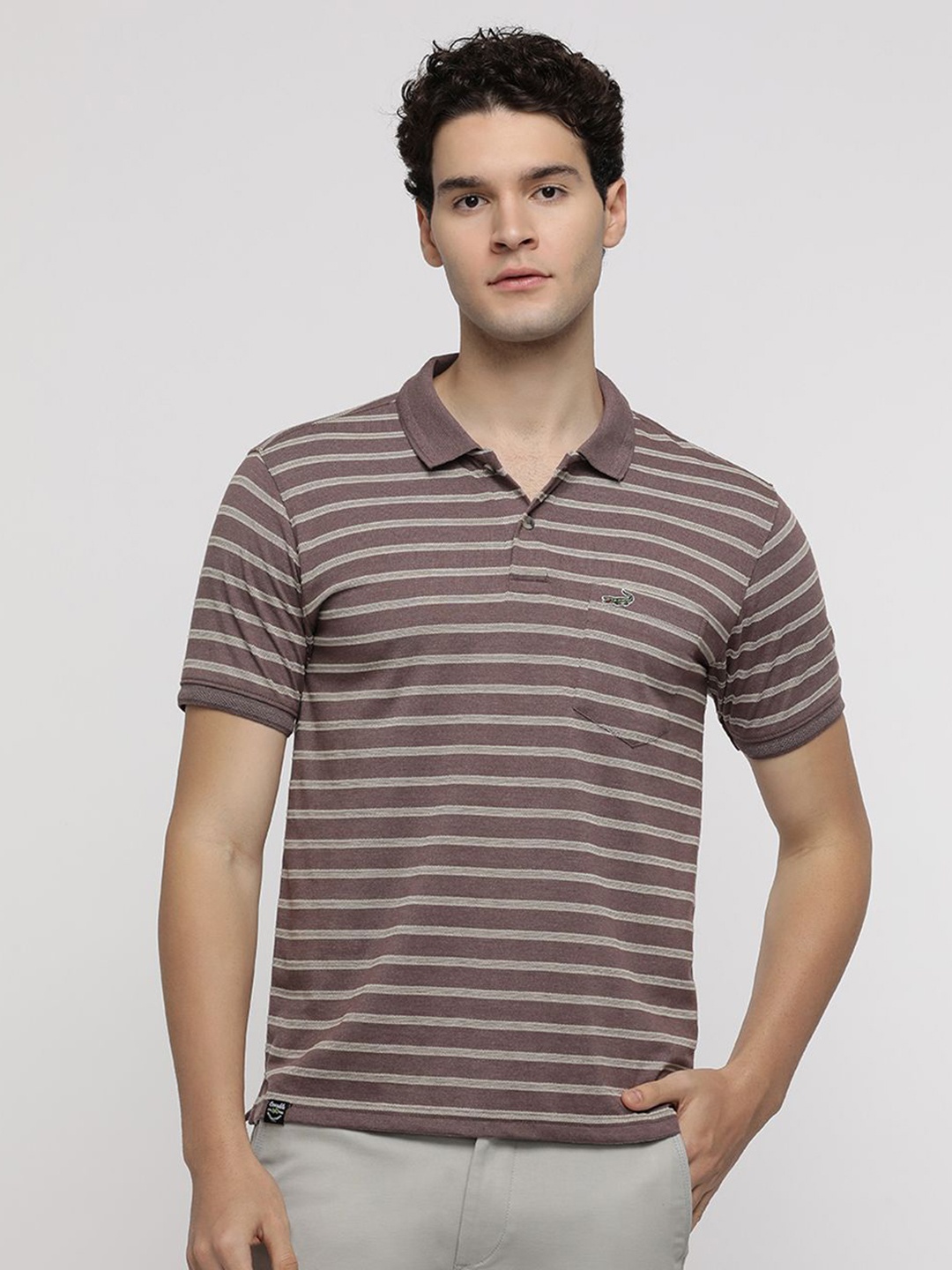 

Crocodile Men Striped Polo Collar Pockets Slim Fit T-shirt, Maroon