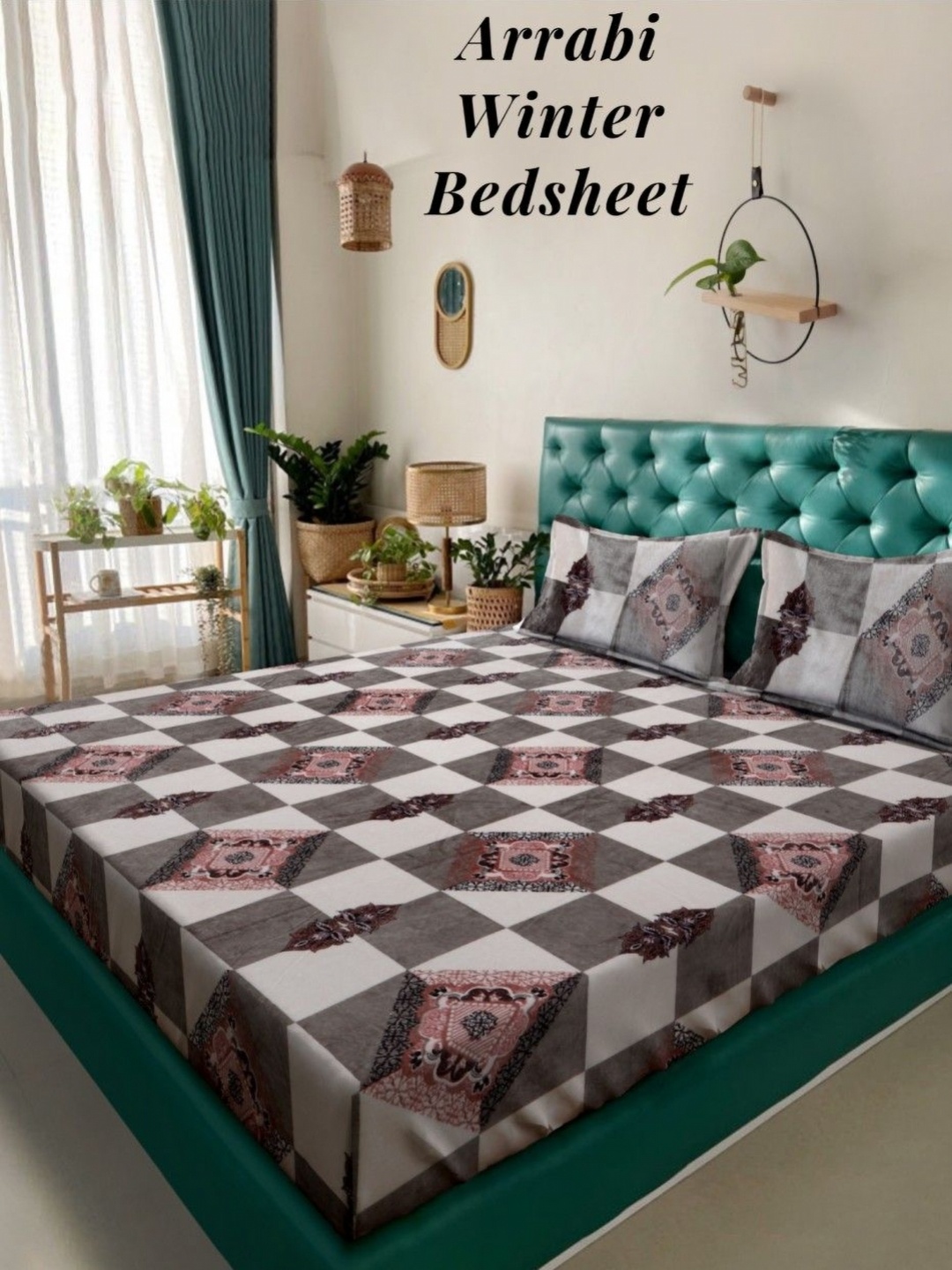 

Arrabi White & Brown Geometric Printed 210 TC King Bedsheet Set 2.35 m x 2.15 m