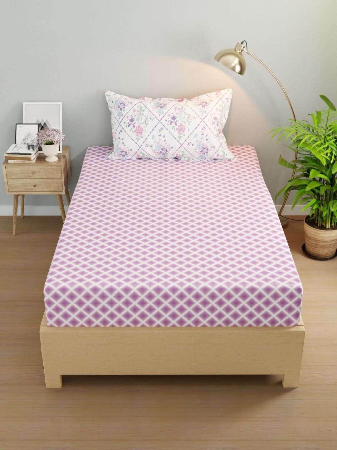 

KOPA Rivera Purple & White Checked Microfiber 200 TC Single Bedsheet Set 1.50 m X 2.24 m