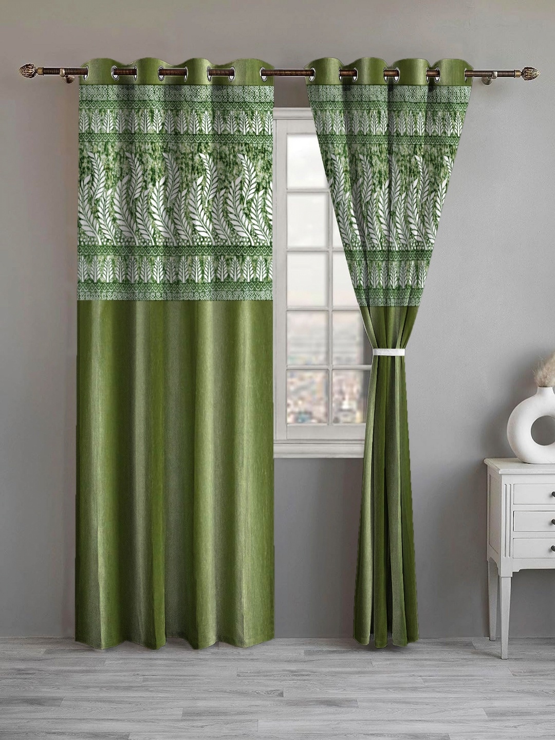 

Lunar Days Green and White 2 Pieces Floral Printed Room Darkening Door Curtains