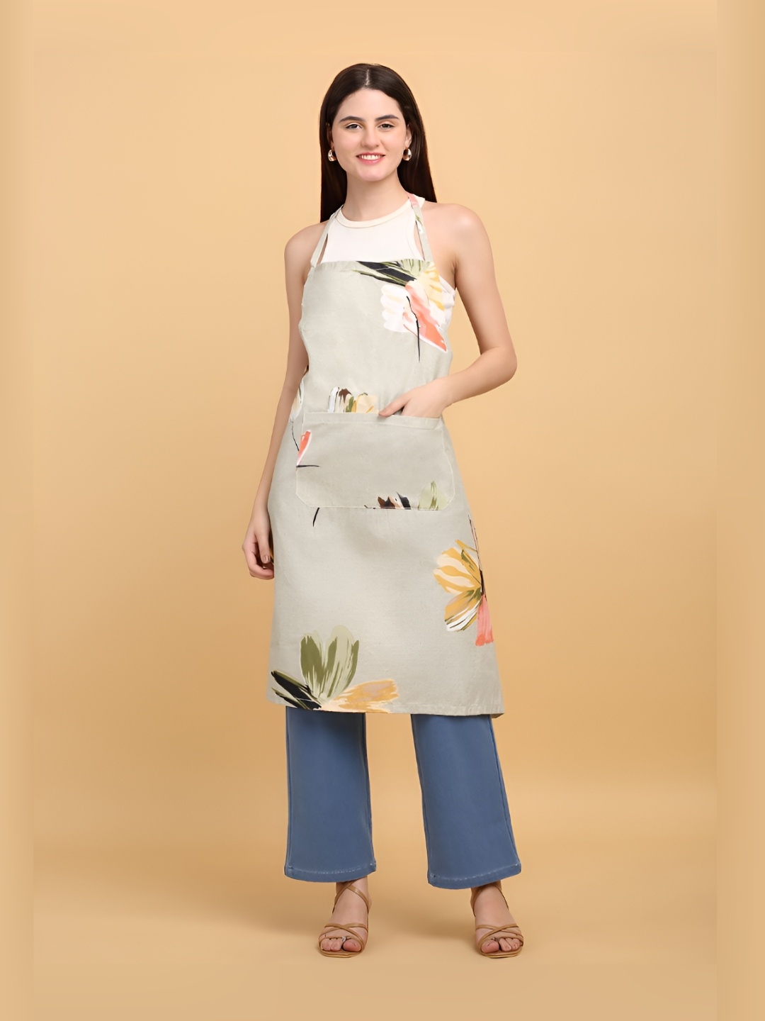 

Arrabi Grey & Green Floral Printed Cotton Aprons With Pockets
