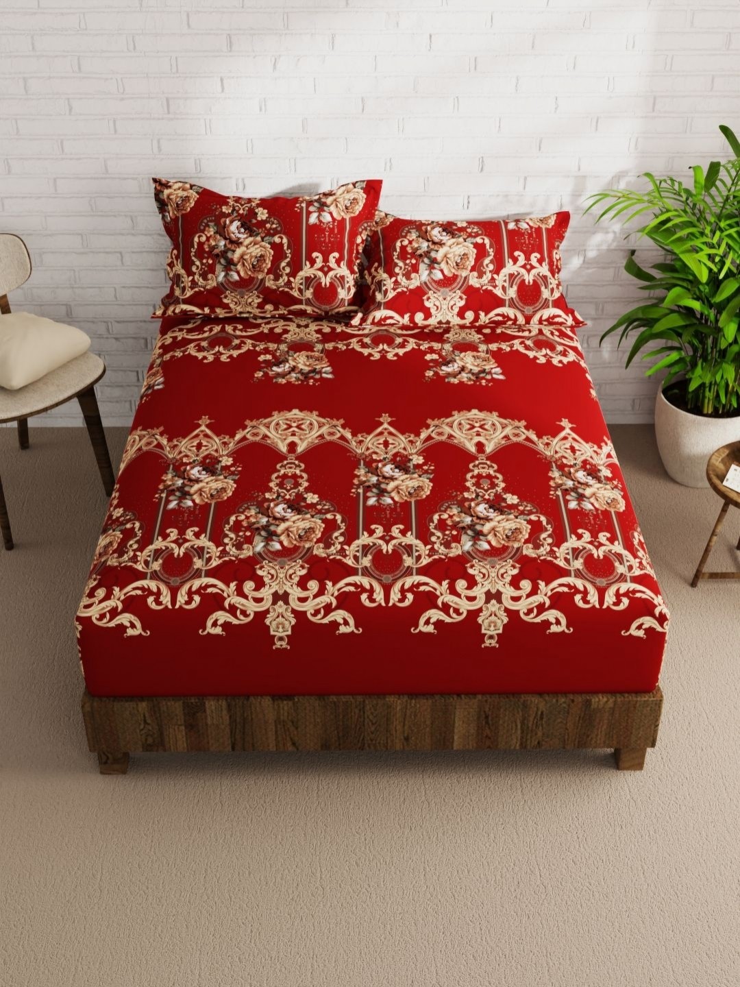 

KOPA Envogue Red & Brown Floral Microfiber 152 TC Queen Bedsheet Set 2.15 m X 2.40 m