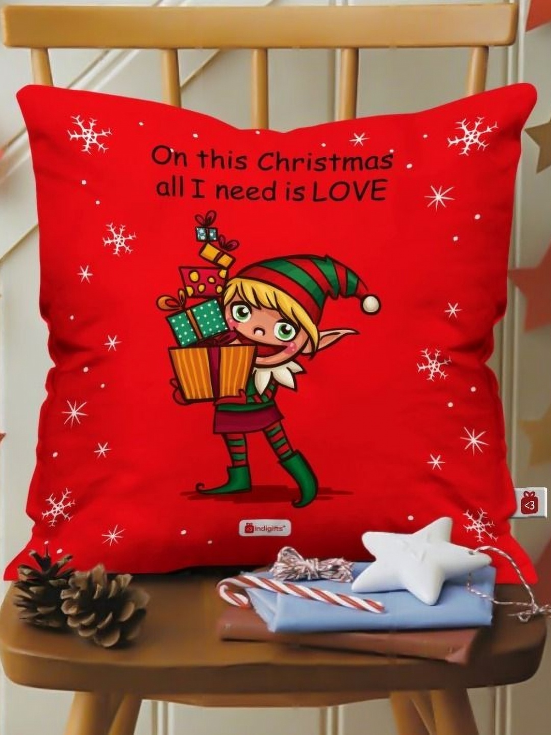 

Indigifts Red and Green Christmas Printed Pre-Filled Cushion