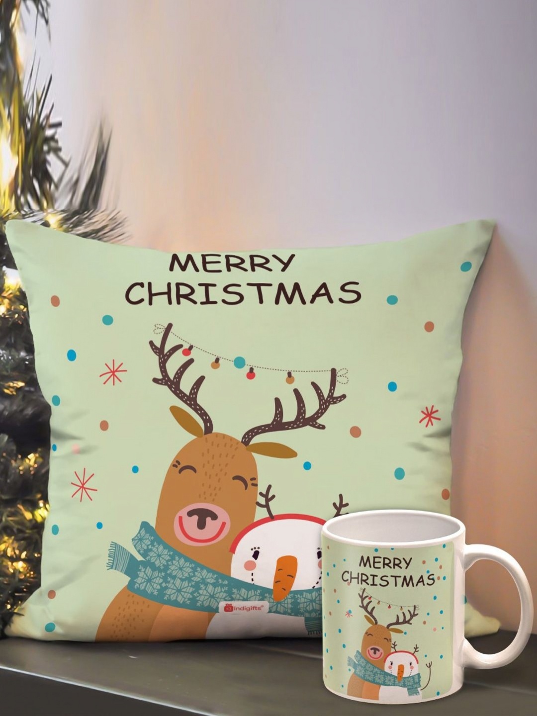 

Indigifts Green & White Printed Cushion Cover With Filler & Coffee Mug