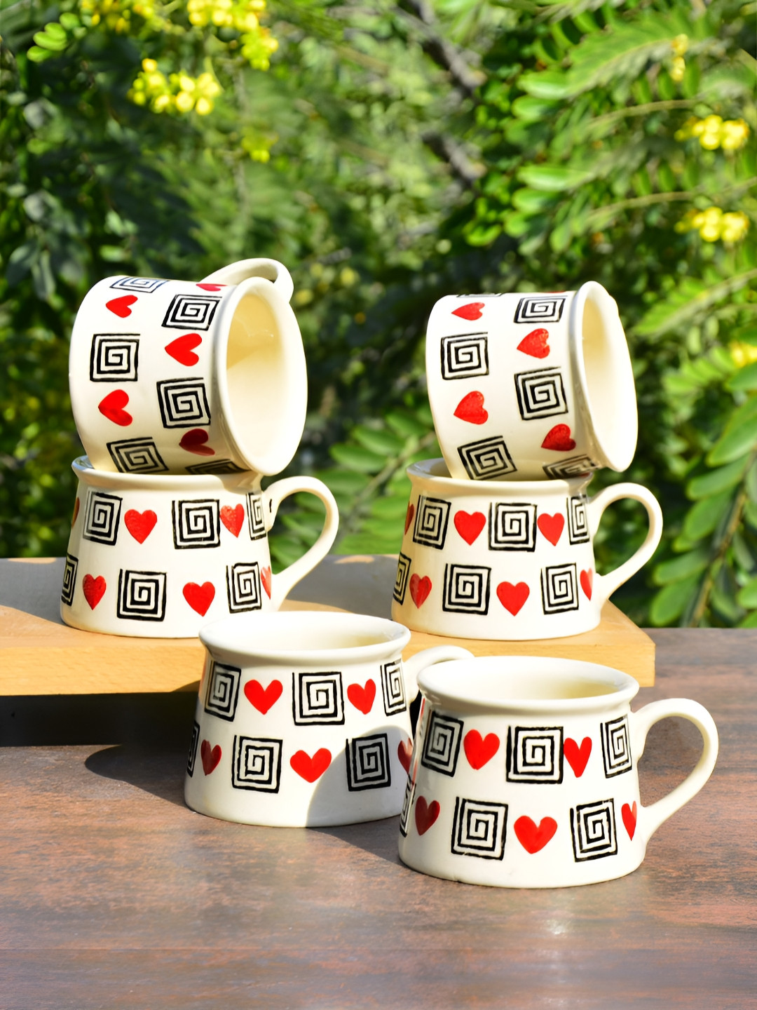 

StyleMyWay 6 Pcs Hand Painted Heart Design Ceramic Mugs- 200 ml, Microwave Safe, Off white