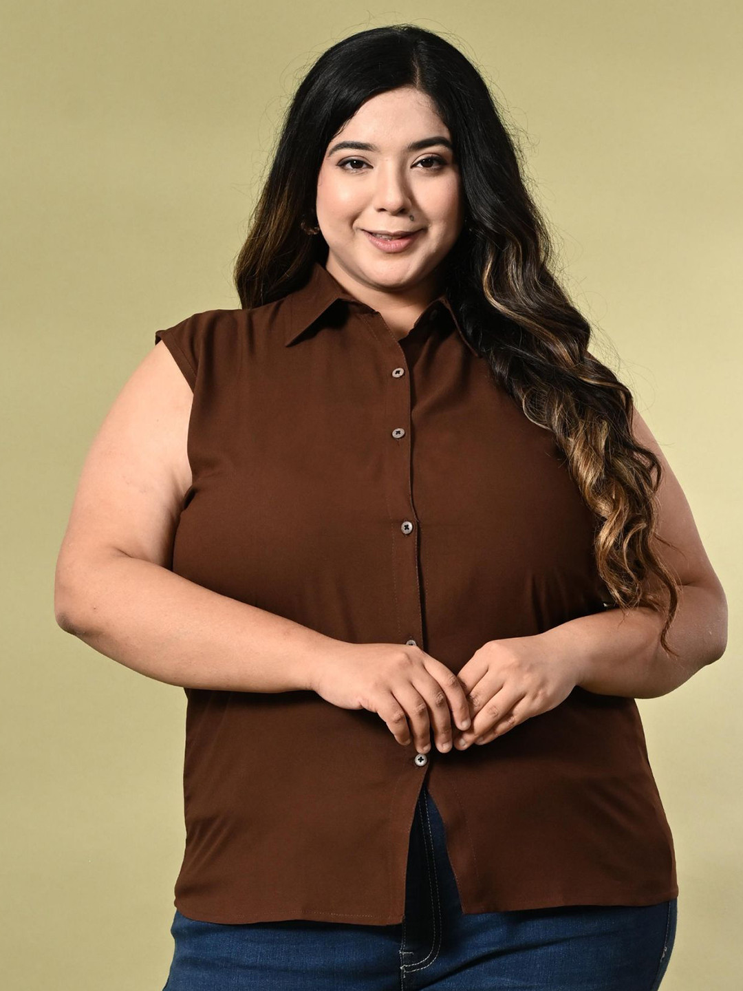 

Funday Fashion Plus Size Women Sleeveless Casual Cotton Shirt, Brown
