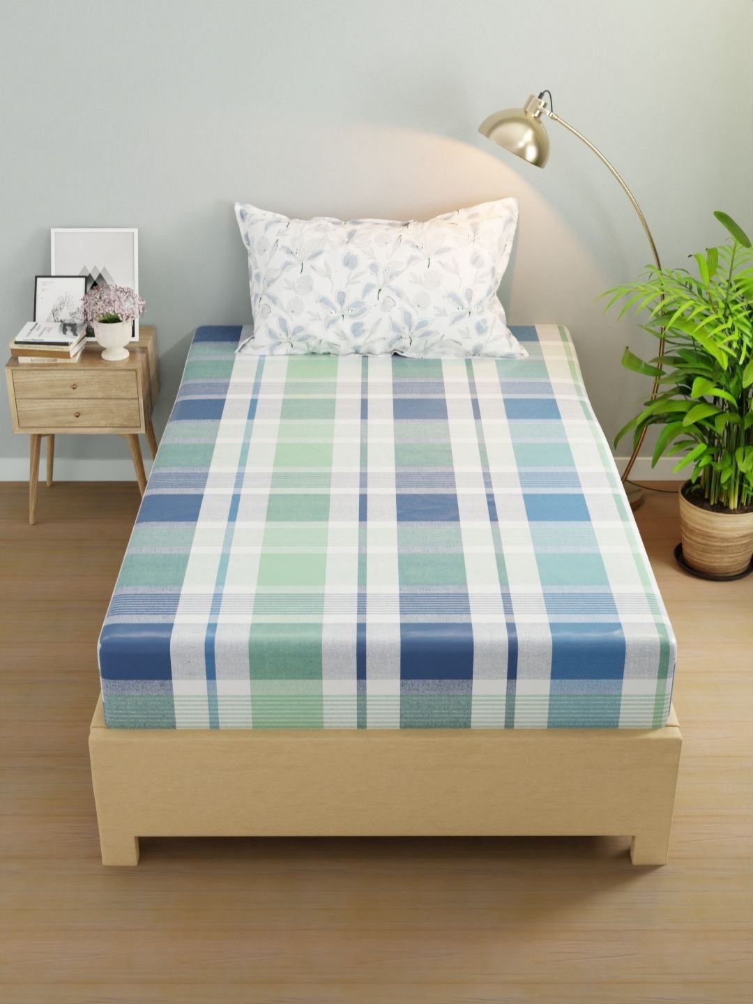 

KOPA Rivera Green & Blue Checked Microfiber 200 TC Single Bedsheet Set 1.50 m X 2.24 m