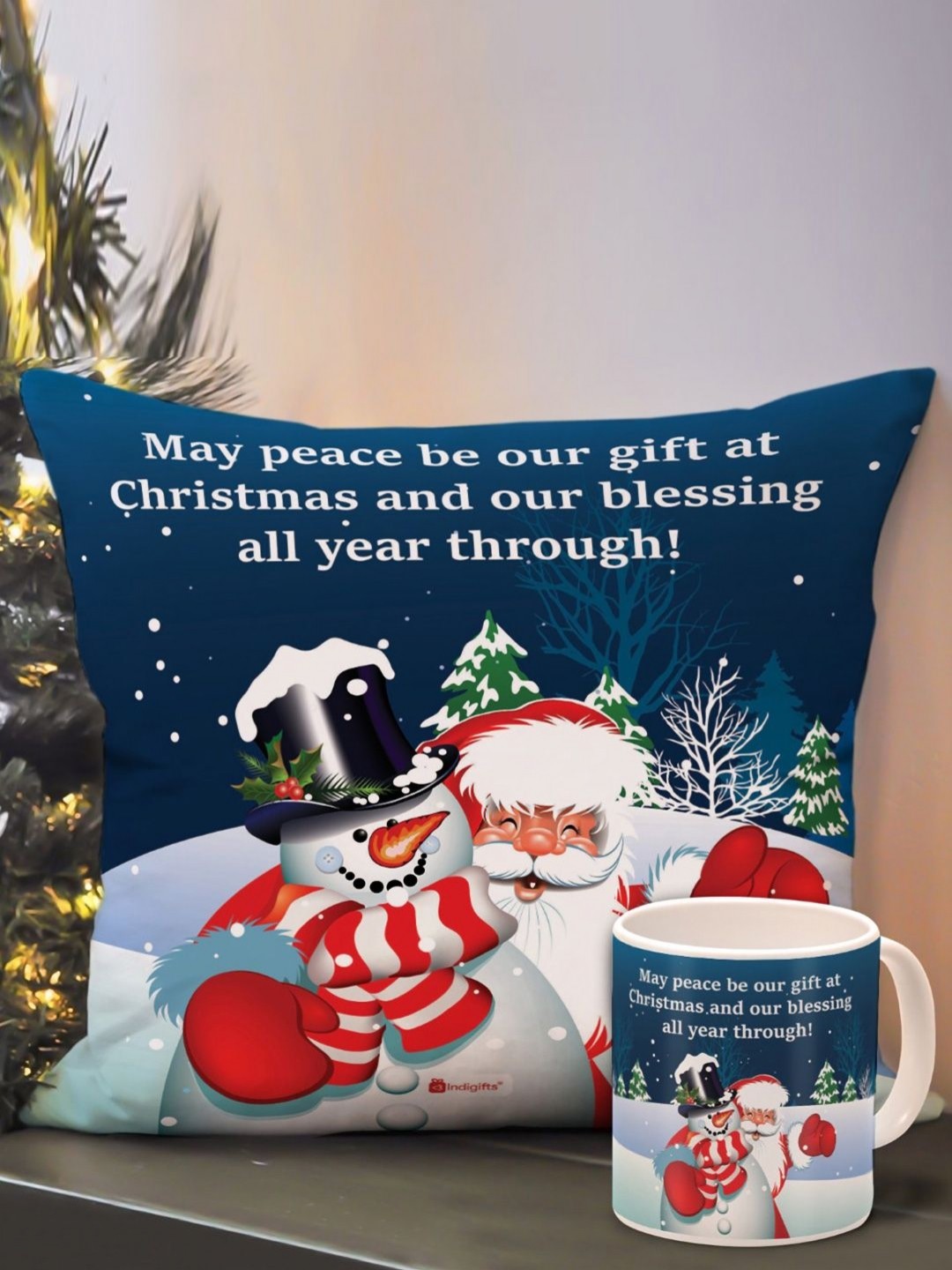 

Indigifts 2Pcs Blue &White Printed Cushion Cover With Filler & Coffee Mug