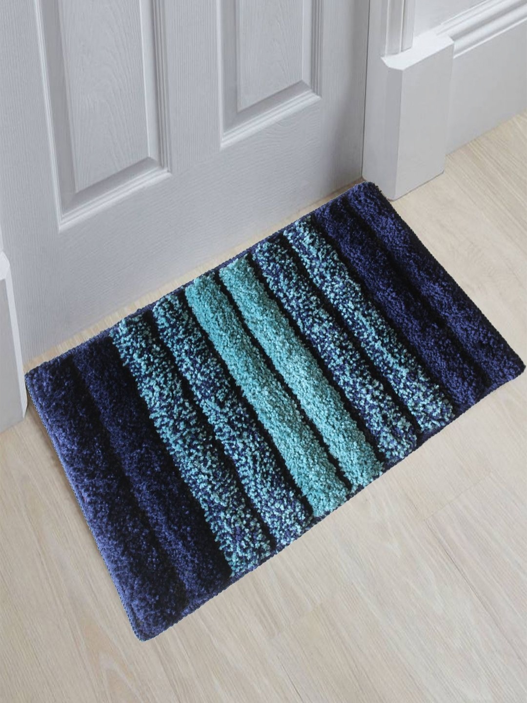 

RISH Blue & Navy-Blue Striped Microfiber Anti Skid Water Absorbent Rectangular Doormat