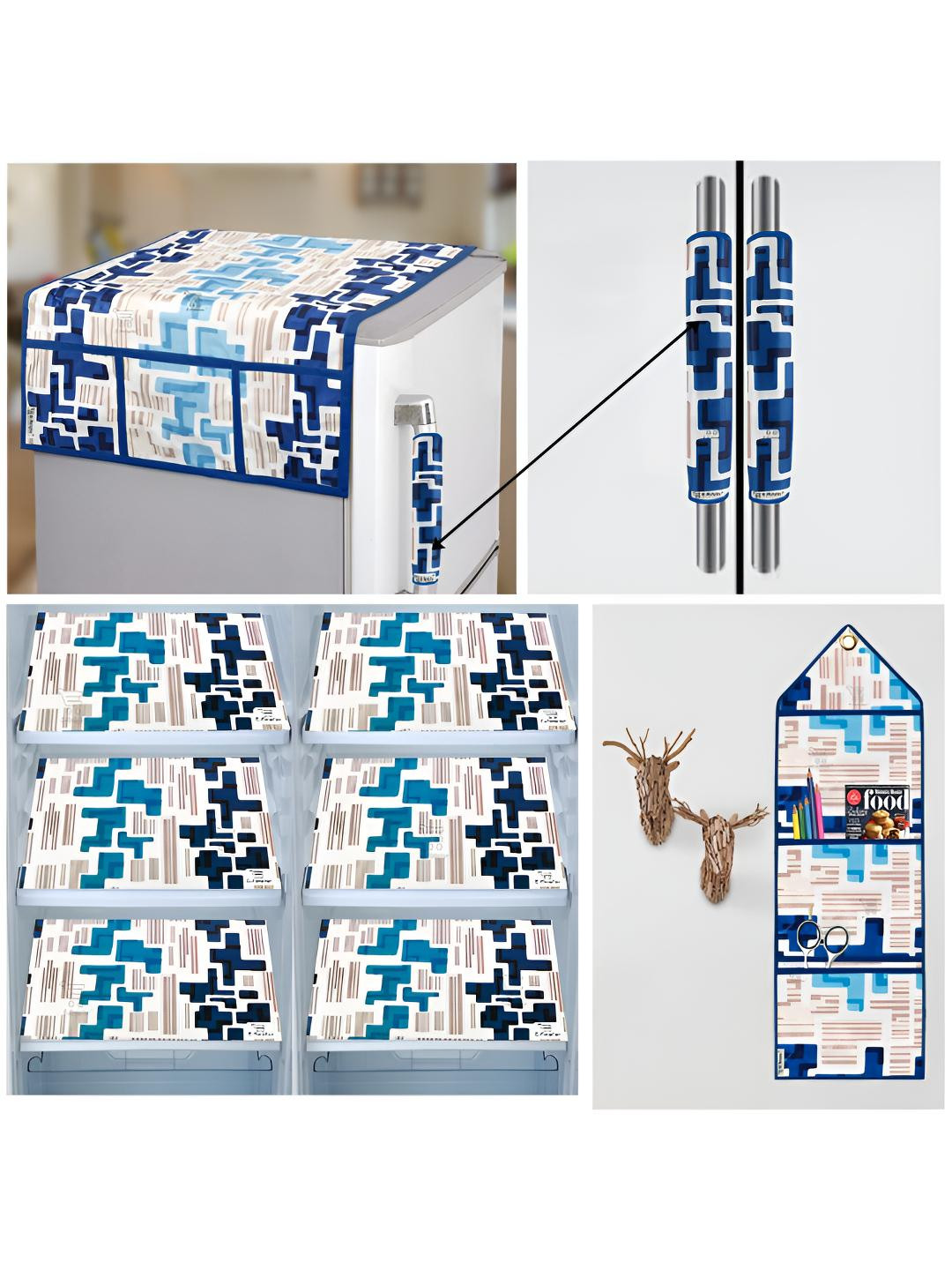 

E-Retailer 10Pcs Blue & White Geometric Printed Refrigerator Covers With Storage Organiser