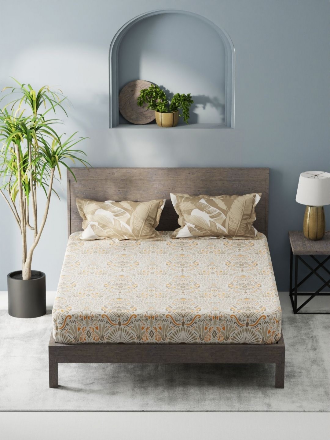 

KOPA Denim Cotton Beige Floral Microfiber 200 TC King Bedsheet Set 2.31 m X 2.54 m