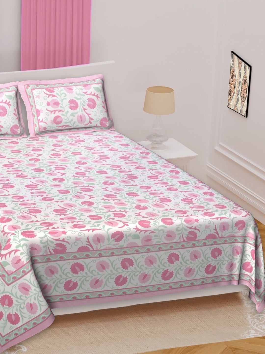 

Texstylers Pink Ethnic Motifs 210 TC Queen Bedsheet with 2 Pillow Covers