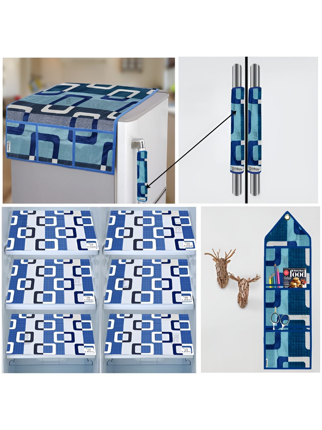 

E-Retailer Blue 10 Pieces Geometric Printed Refrigerator Covers With Storage Organiser