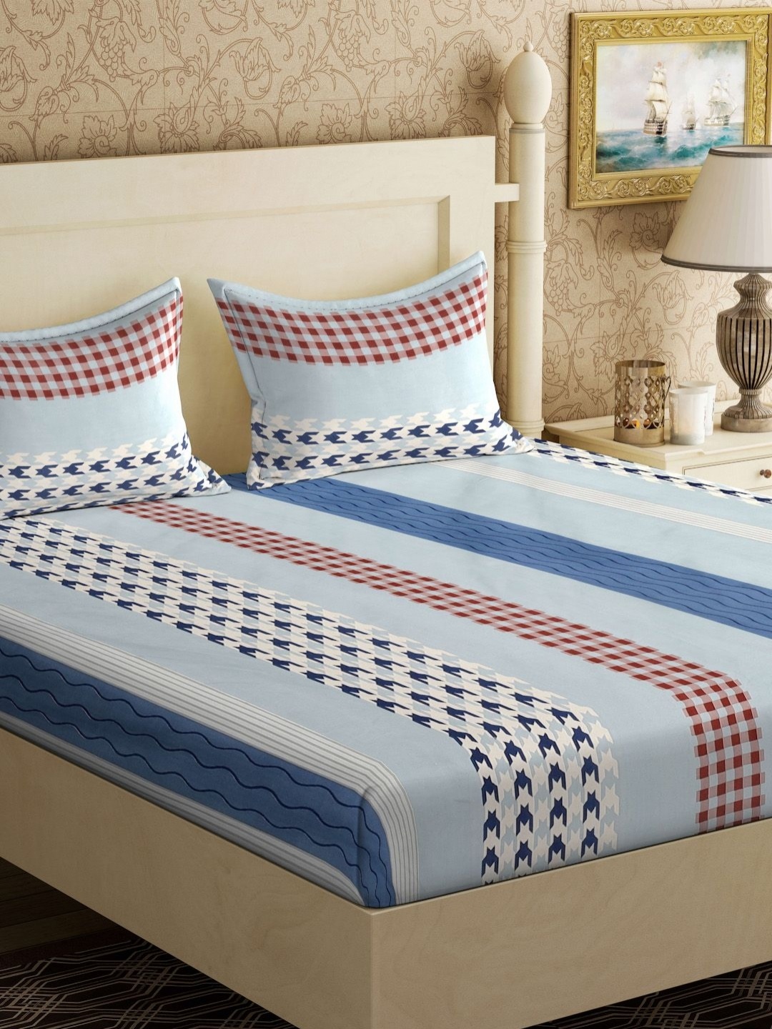 

Aura Blue & White Striped Printed Flat 300TC King Bedsheet with 2 Pillow Cover