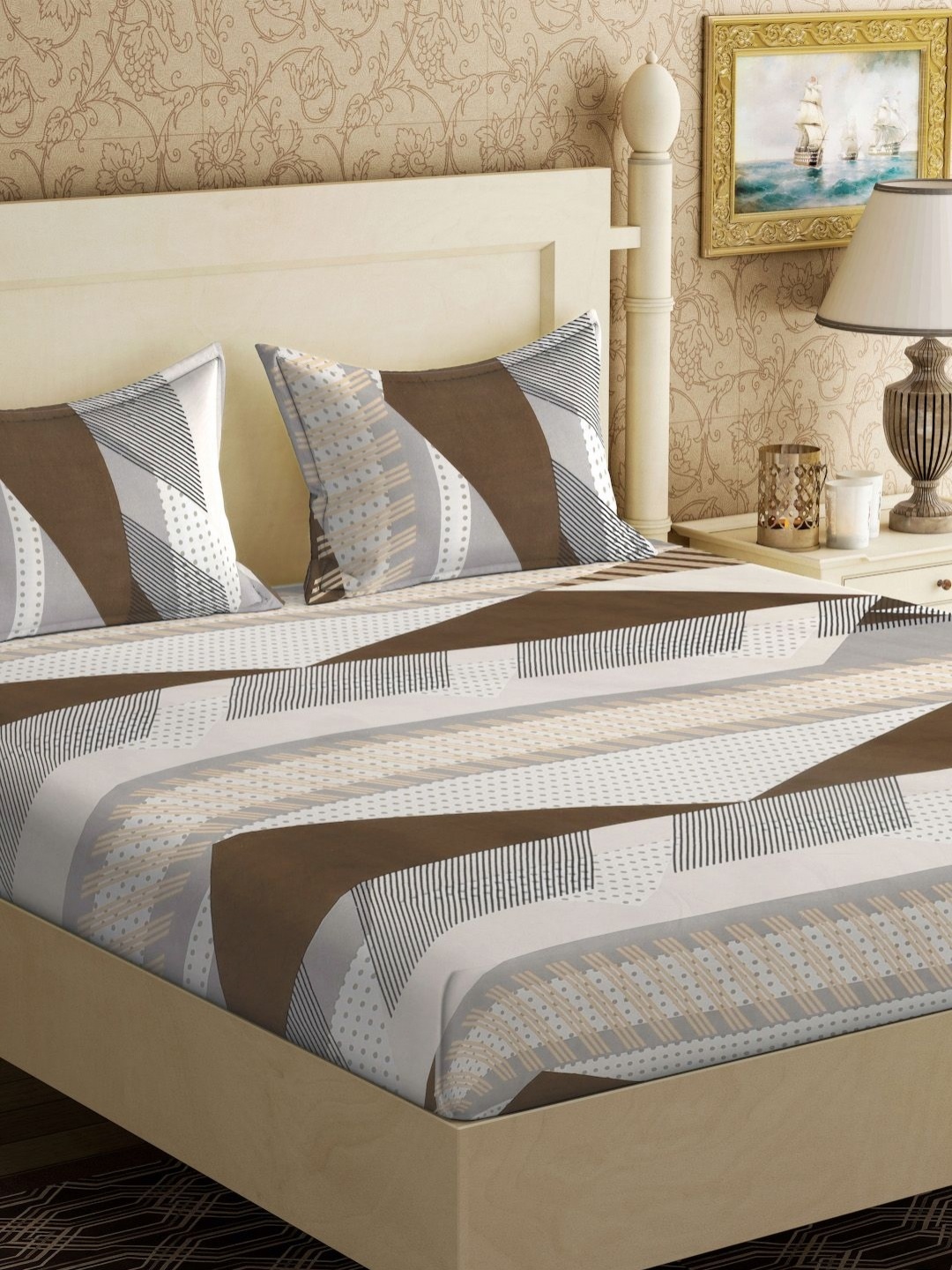 

Aura White & Brown Geometric Printed Flat 300 TC King Bedsheet With 2 Pillow Cover