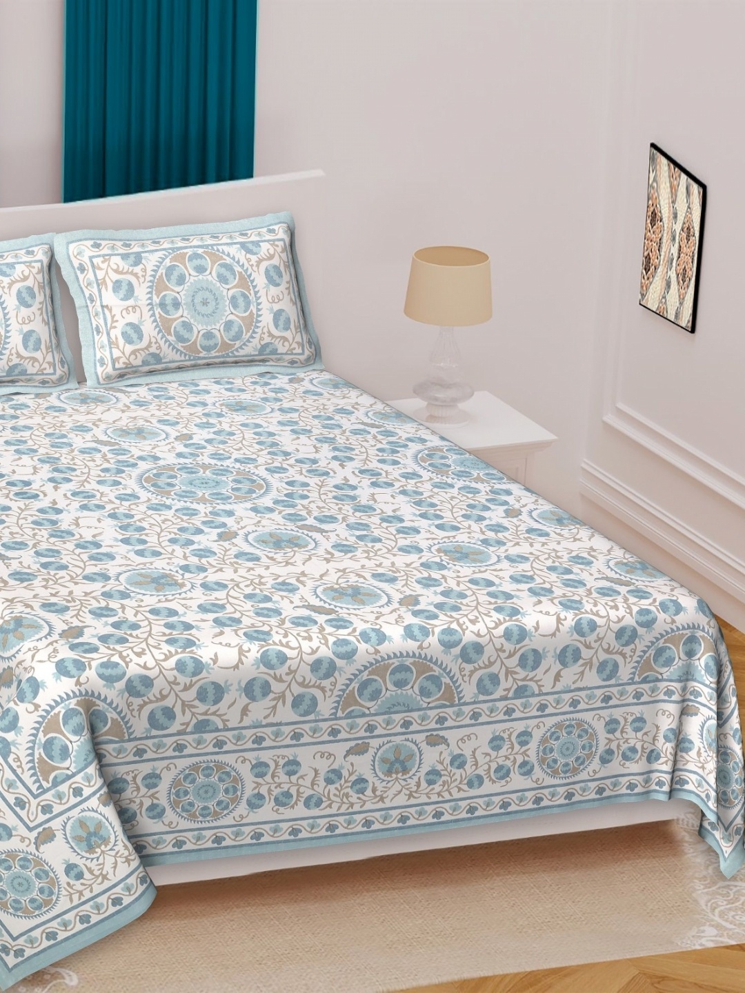 

Texstylers Blue Ethnic Motifs 210 TC Queen Bedsheet with 2 Pillow Covers