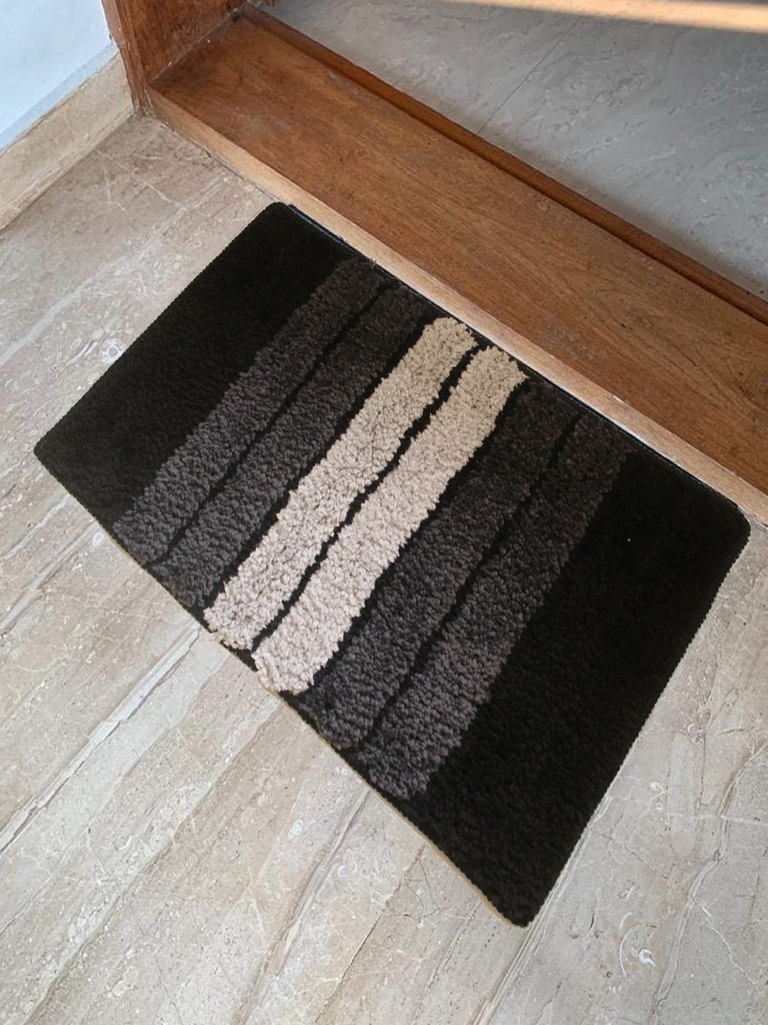 

RISH Black & Cream-Color Striped Microfiber Anti Skid Water Absorbent Rectangular Doormat