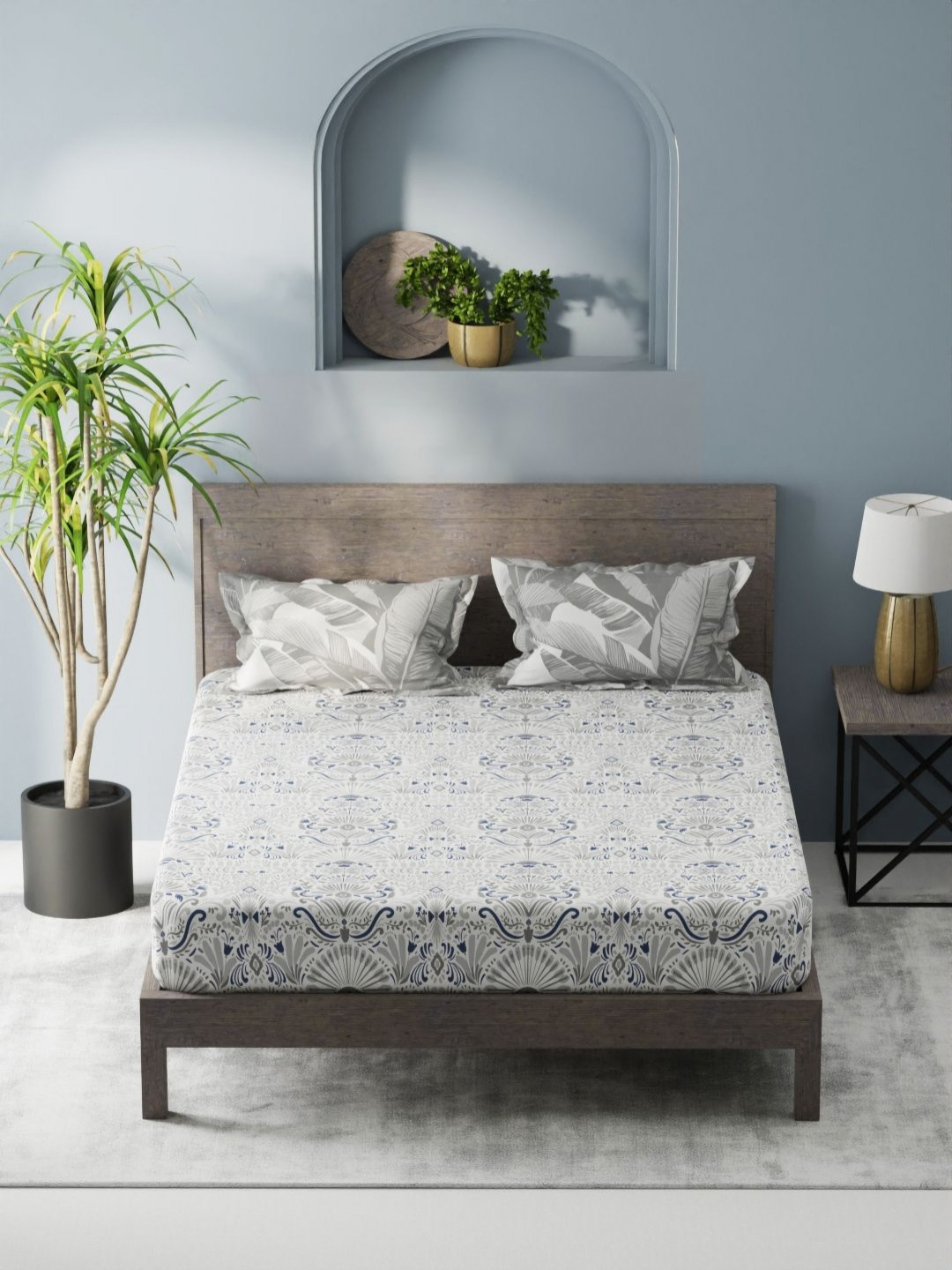 

KOPA Denim Cotton Grey & Blue Floral Microfiber 200 TC King Bedsheet Set-2.31 m X 2.54 m