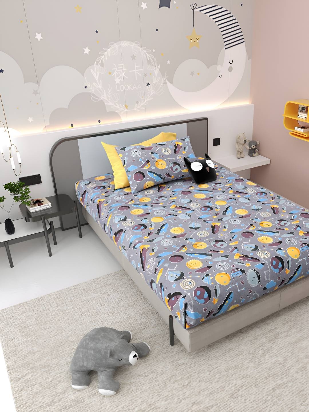 

Jinaya's Grey Galaxy Printed Pure Cotton 300 TC Single Bedsheet Set 2.28 x 1.52m