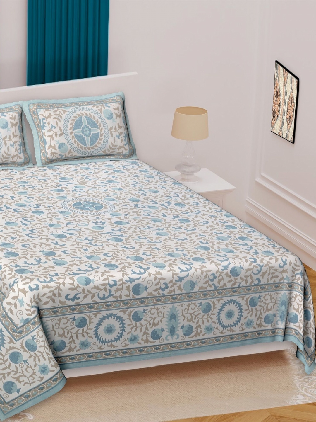 

Texstylers Blue Ethnic Motifs 210 TC Queen Bedsheet with 2 Pillow Covers
