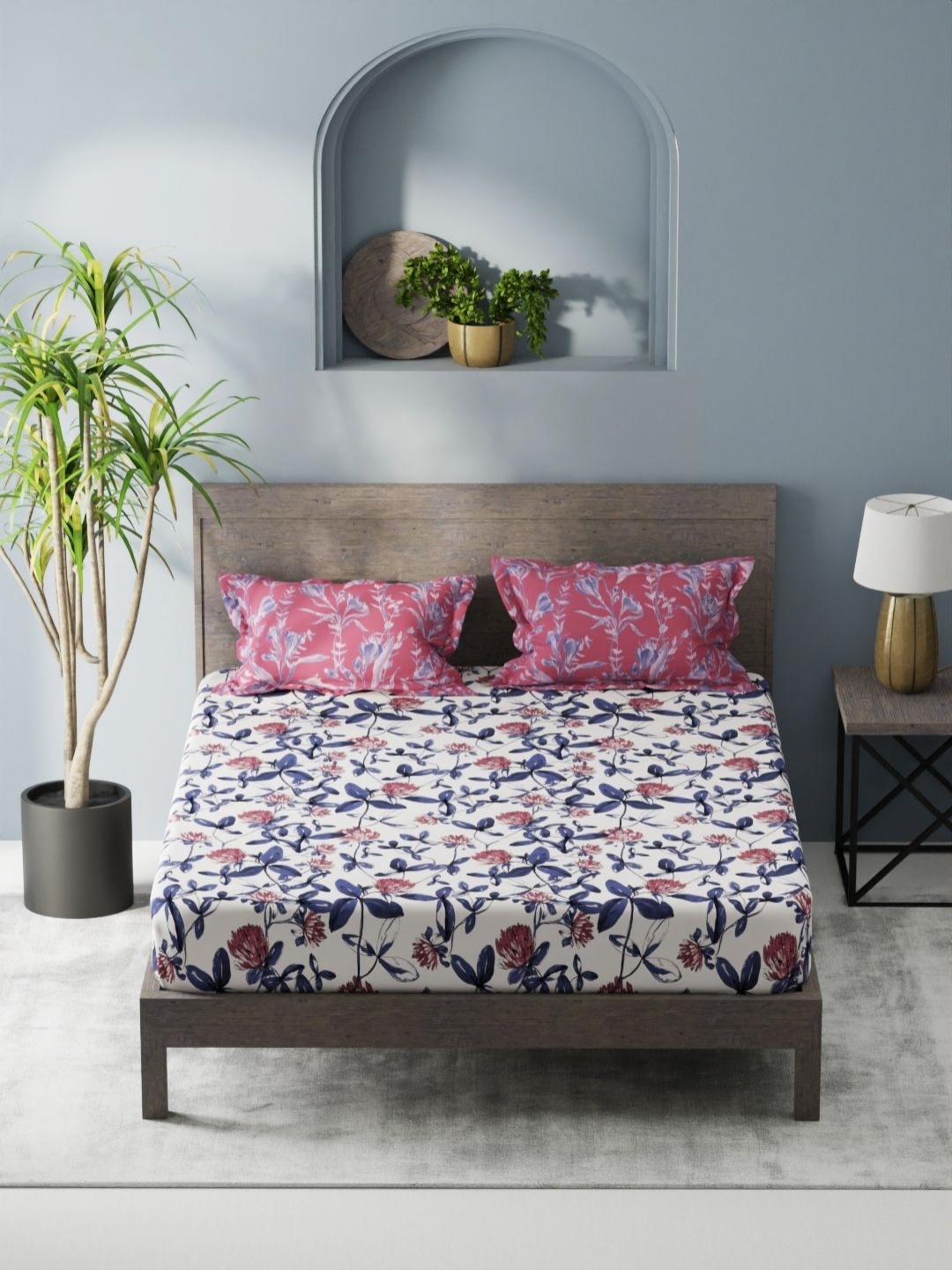 

KOPA Denim Cotton Pink & Blue Floral Microfiber 200 TC King Bedsheet Set 2.31 m X 2.54 m
