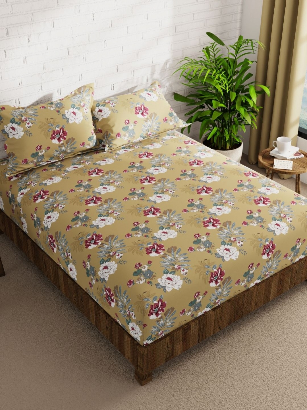 

KOPA Envogue Mustard Yellow Floral Microfiber 152 TC Queen Bedsheet Set 2.40 m X 2.15 m
