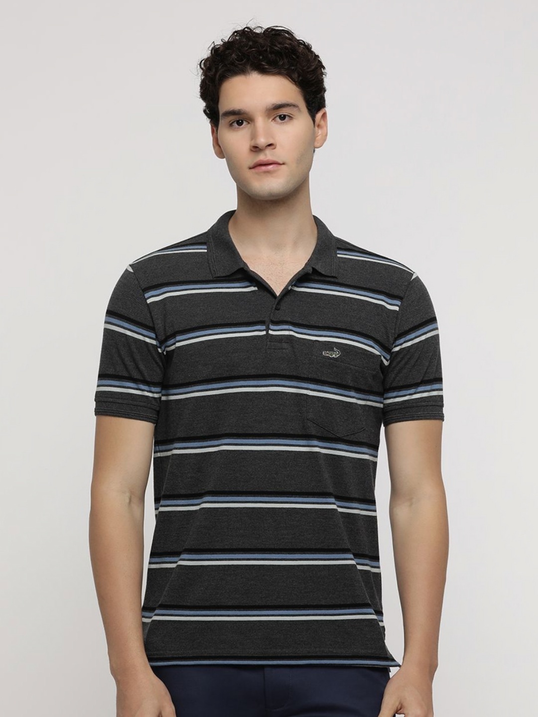 

Crocodile Men Striped Polo Collar Pockets Slim Fit T-shirt, Charcoal