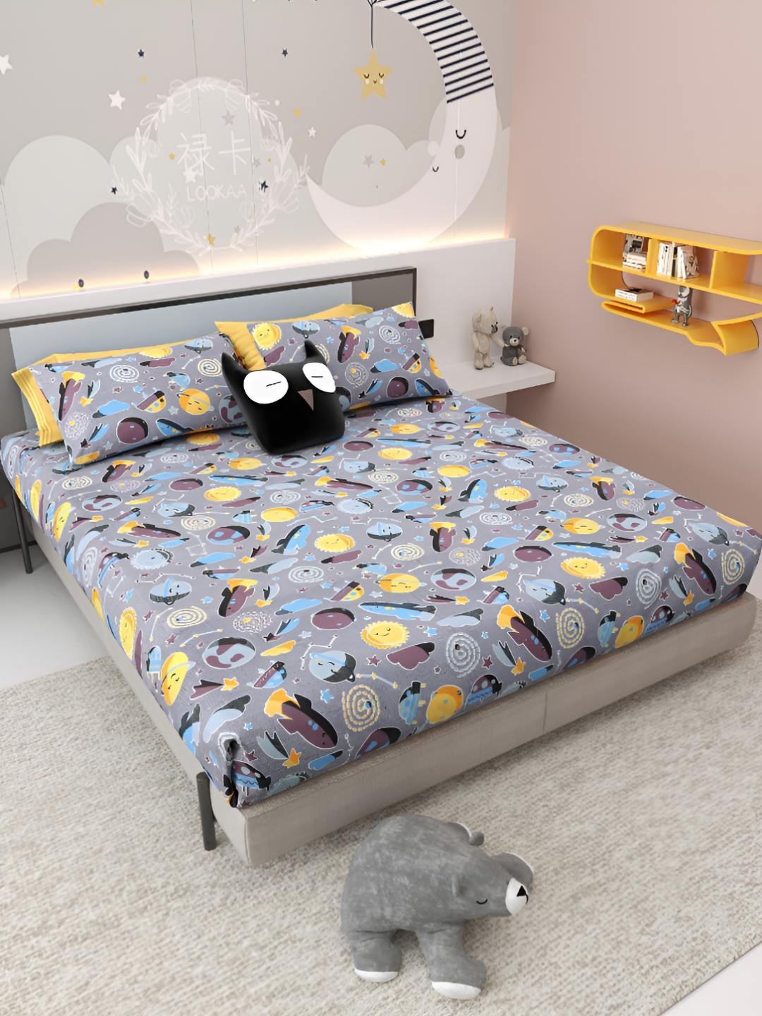 

Jinaya's Multicoloured & Multicoloured Cartoon Characters 300 TC King Bedsheet with 2 Pillow Covers, Multi