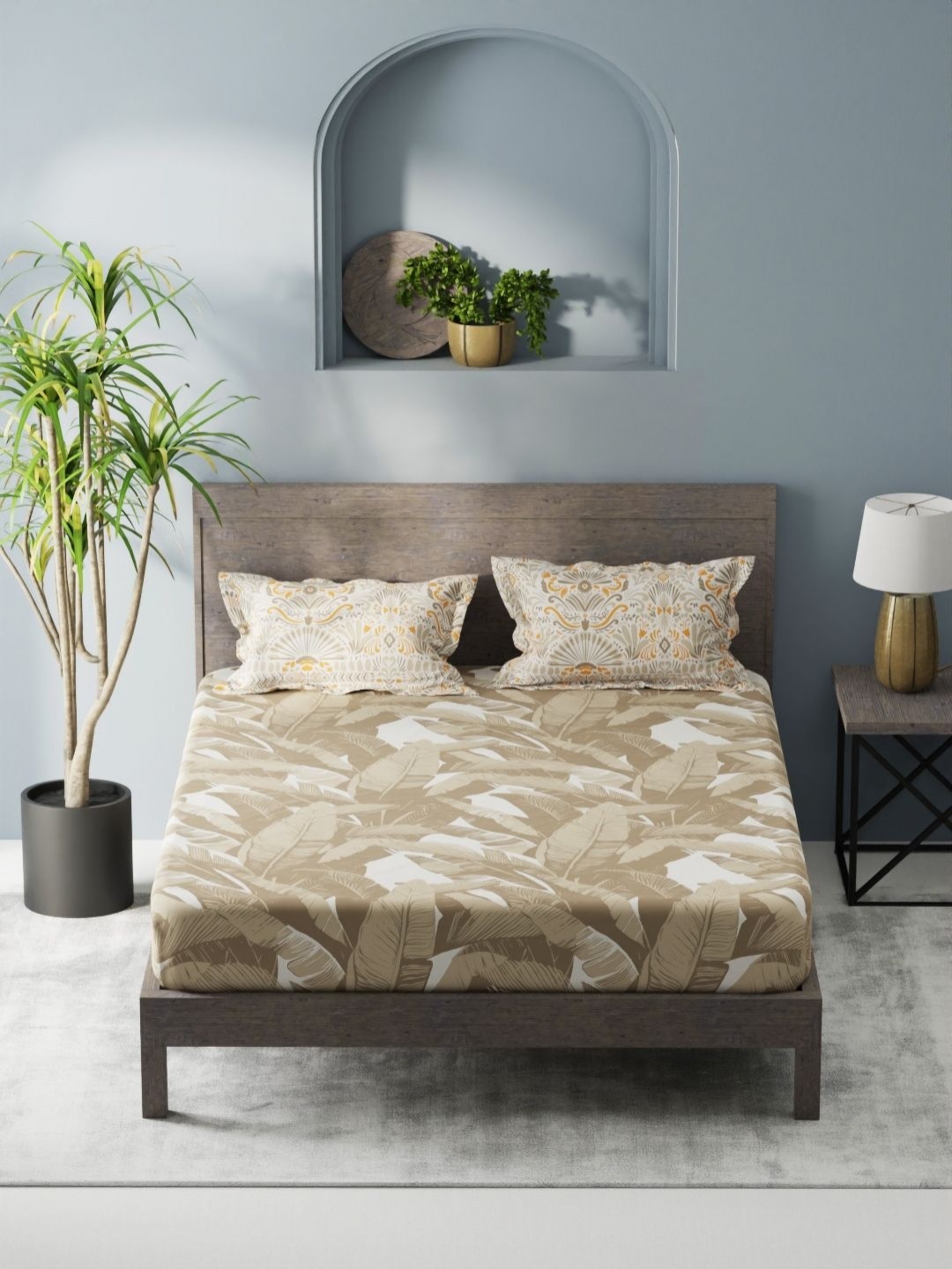 

KOPA Denim Cotton Beige Floral Microfiber 200 TC King Bedsheet Set 2.31 m X 2.54 m