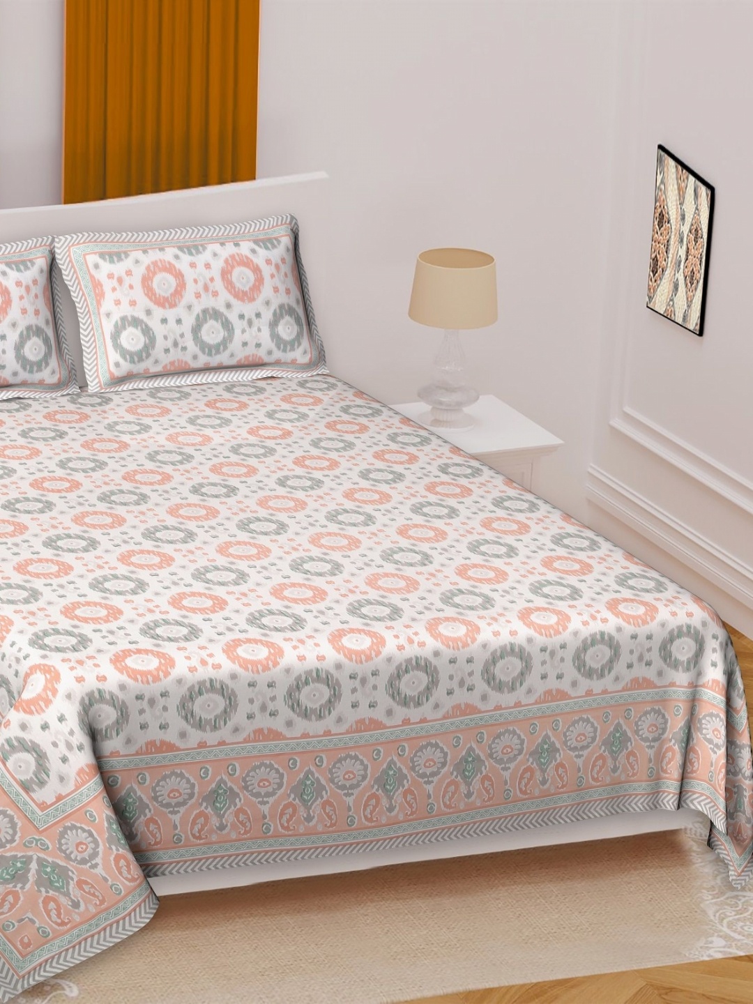 

Texstylers Peach-Coloured Ethnic Motifs Cotton 220TC Double Queen Bedsheet Set-2.74mx2.28m