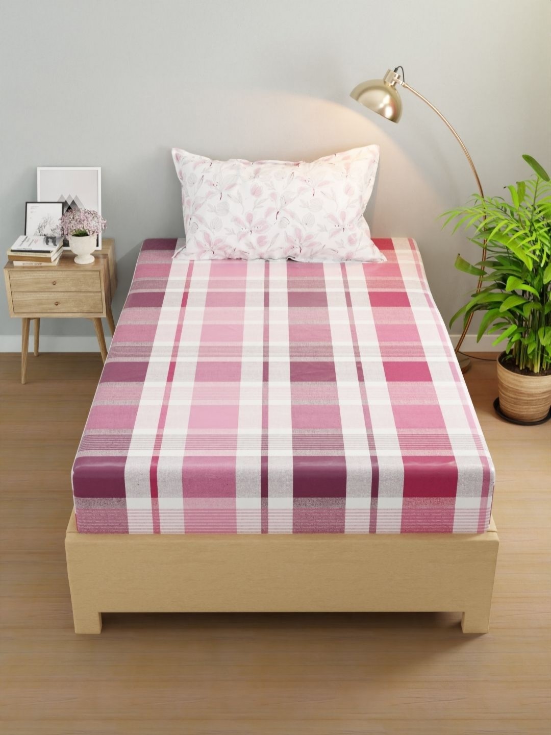 

KOPA Rivera Pink & White Checked Microfiber 200 TC Single Bedsheet Set 1.50 m X 2.24 m