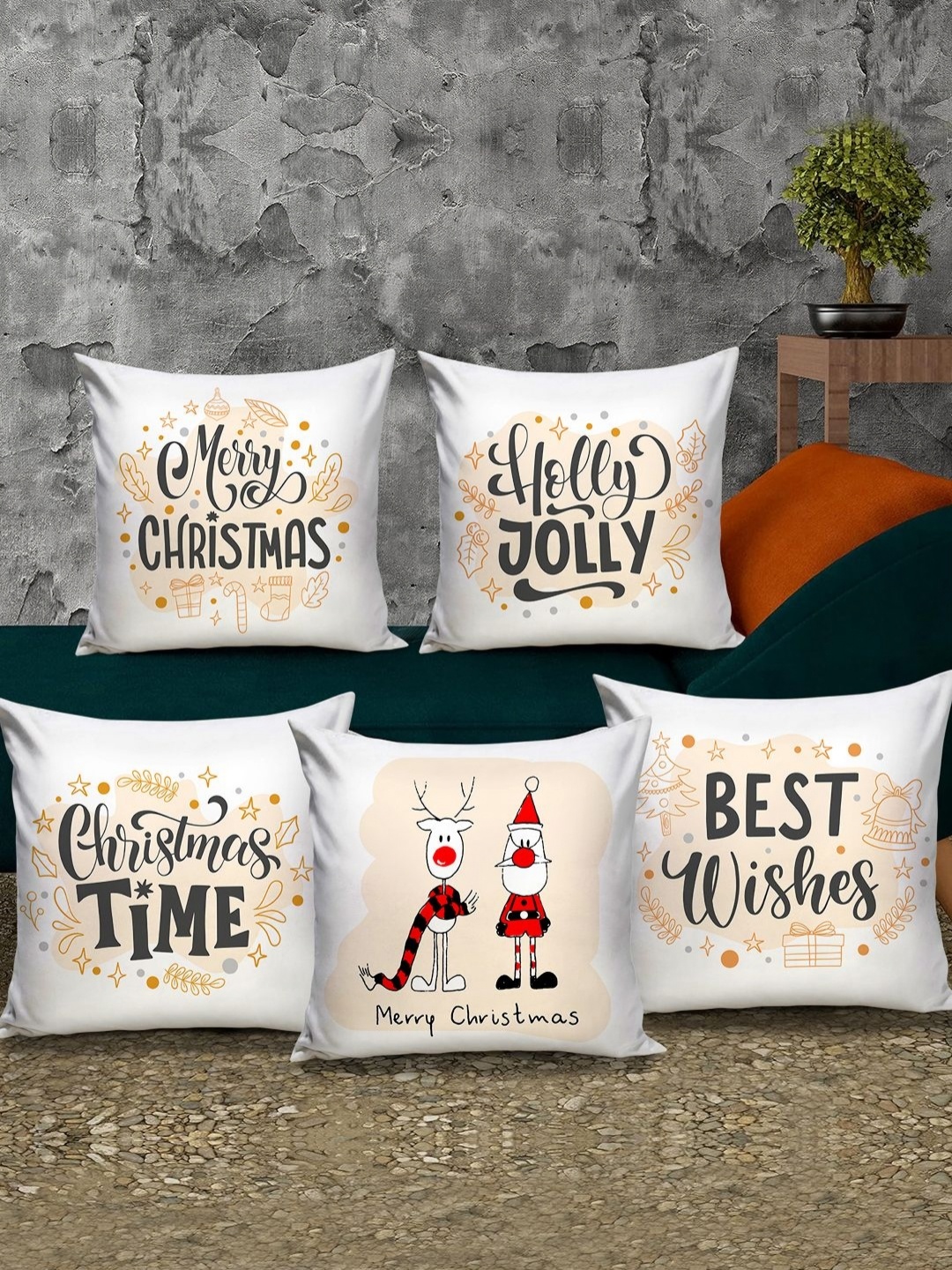 

TIED RIBBONS White & Red 5 Pieces Decorative Christmas Printed Square Cushion Covers