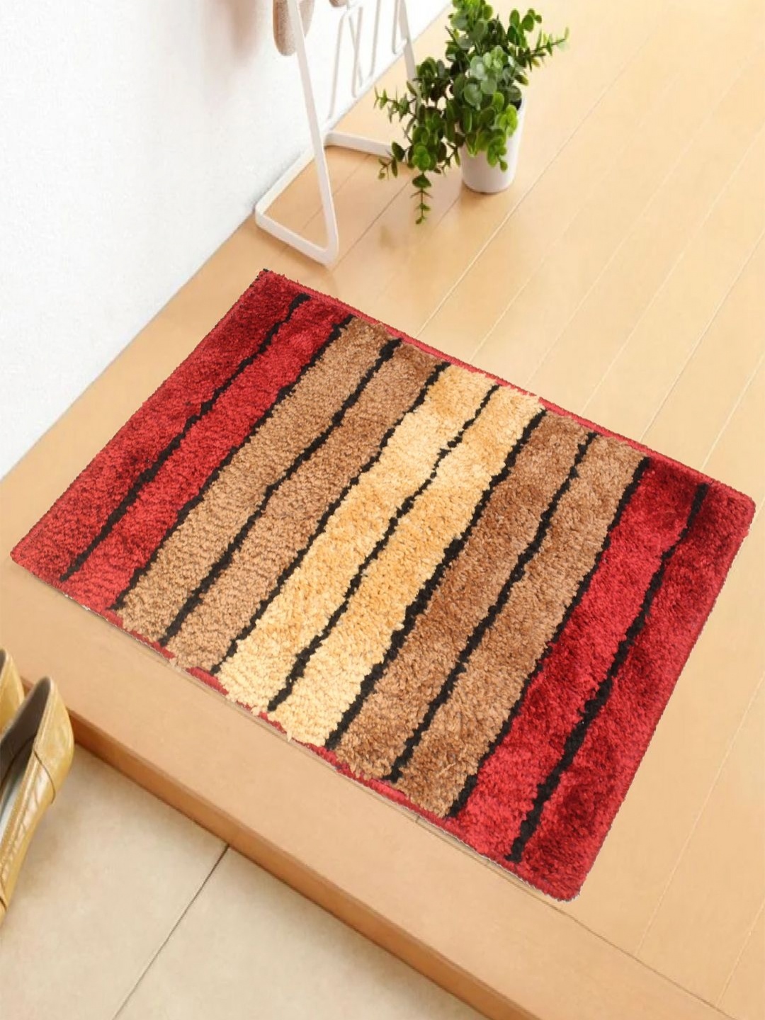 

RISH Black & Cream-Color Striped Microfiber Anti Skid Water Absorbent Rectangular Doormat, Red