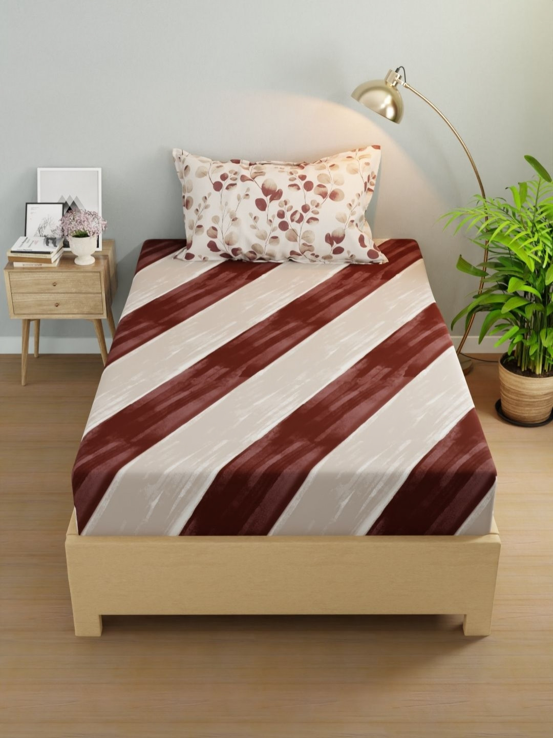 

KOPA Rivera Brown & White Striped Microfiber 200 TC Single Bedsheet Set 1.50 m X 2.24 m