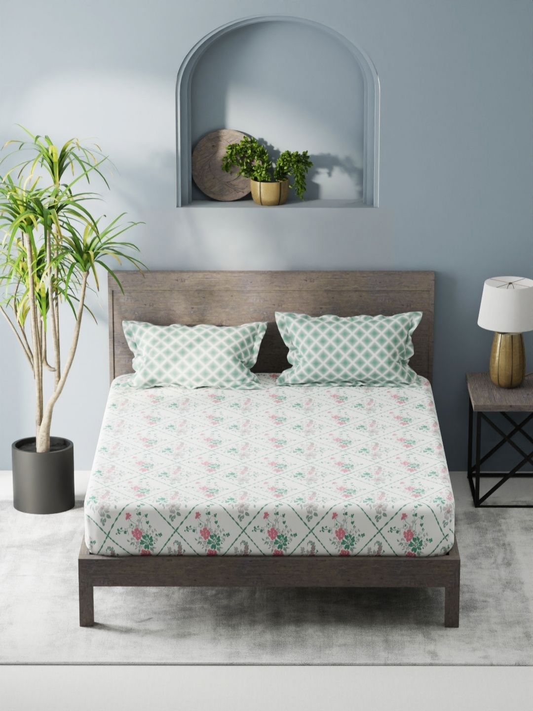 

KOPA Denim Cotton White & Green Floral Microfiber 200 TC King Bedsheet Set-2.31 m X 2.54 m