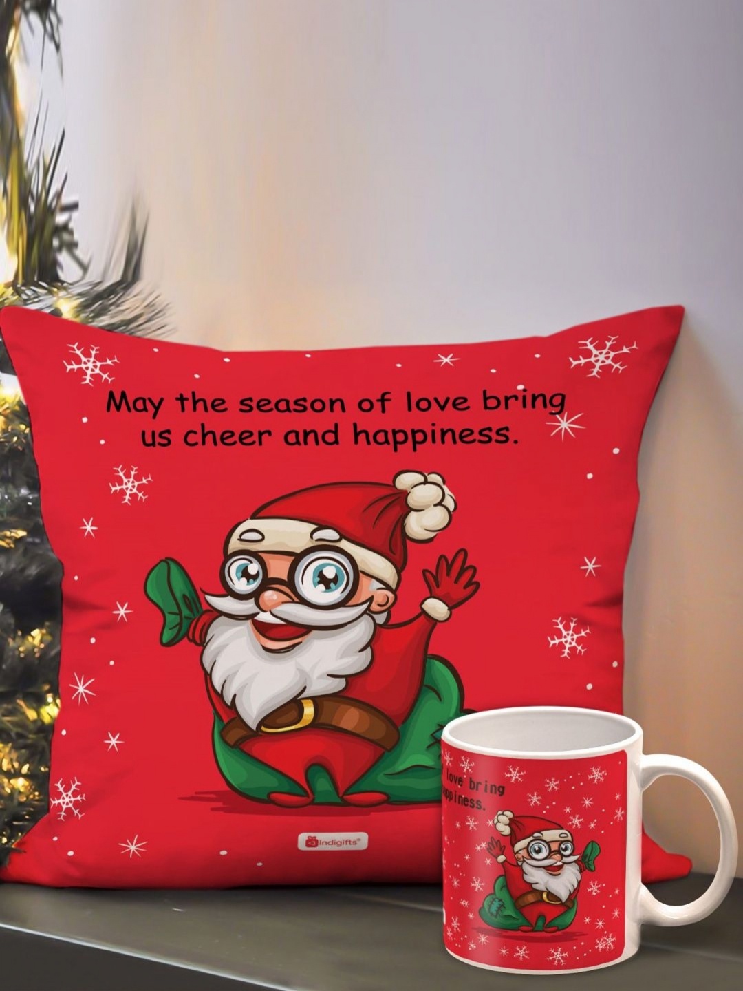 

Indigifts Printed Cushion Cover with Filler & Coffee Mug, Red