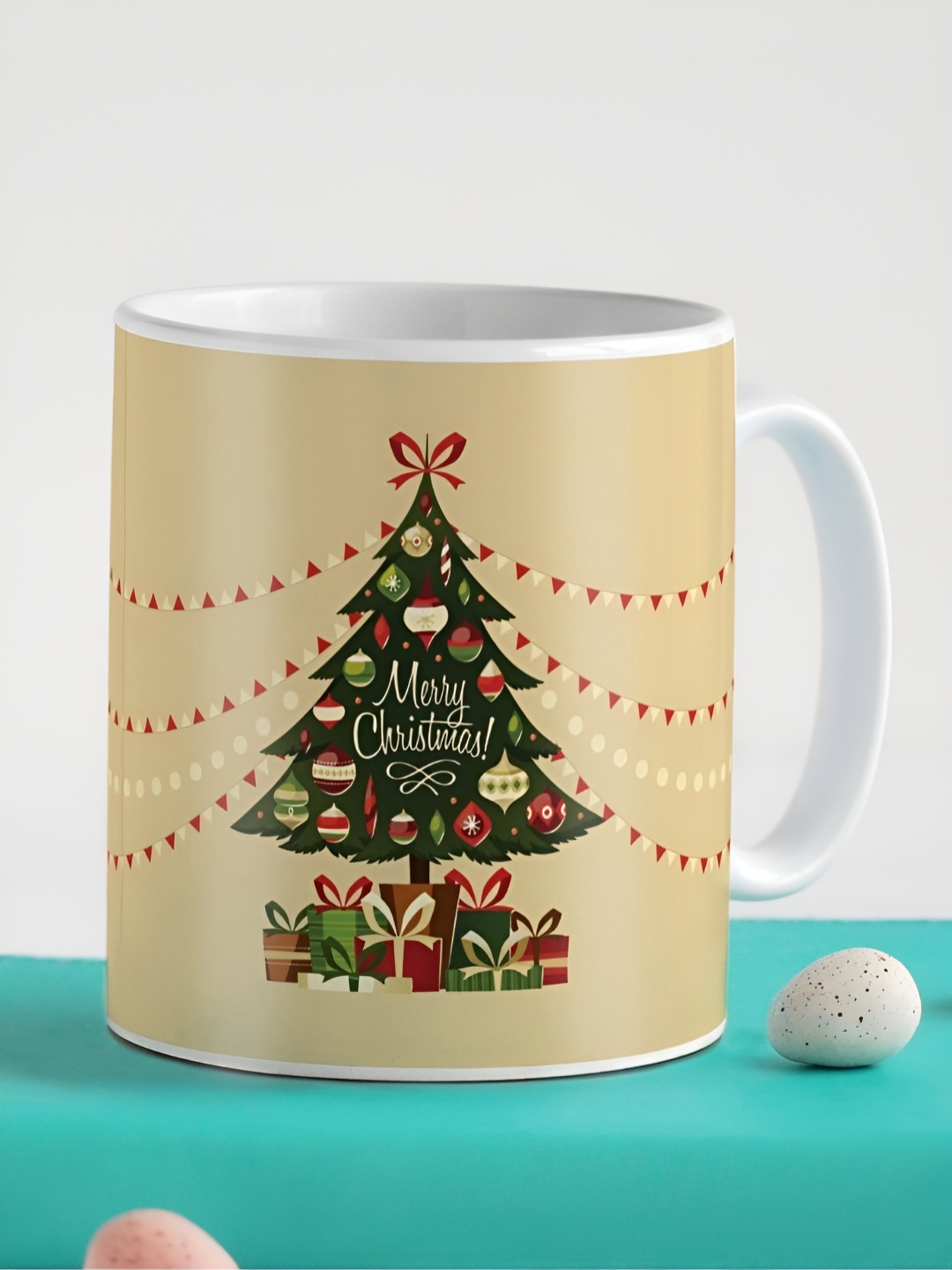 

Indigifts White & Green Printed Ceramic Glossy Mug 330 ml