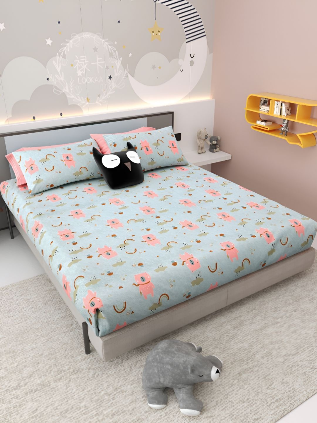 

Jinaya's Blue Peppapig Printed Pure Cotton 300 TC King Bedsheet Set 2.74 m x 2.54 m