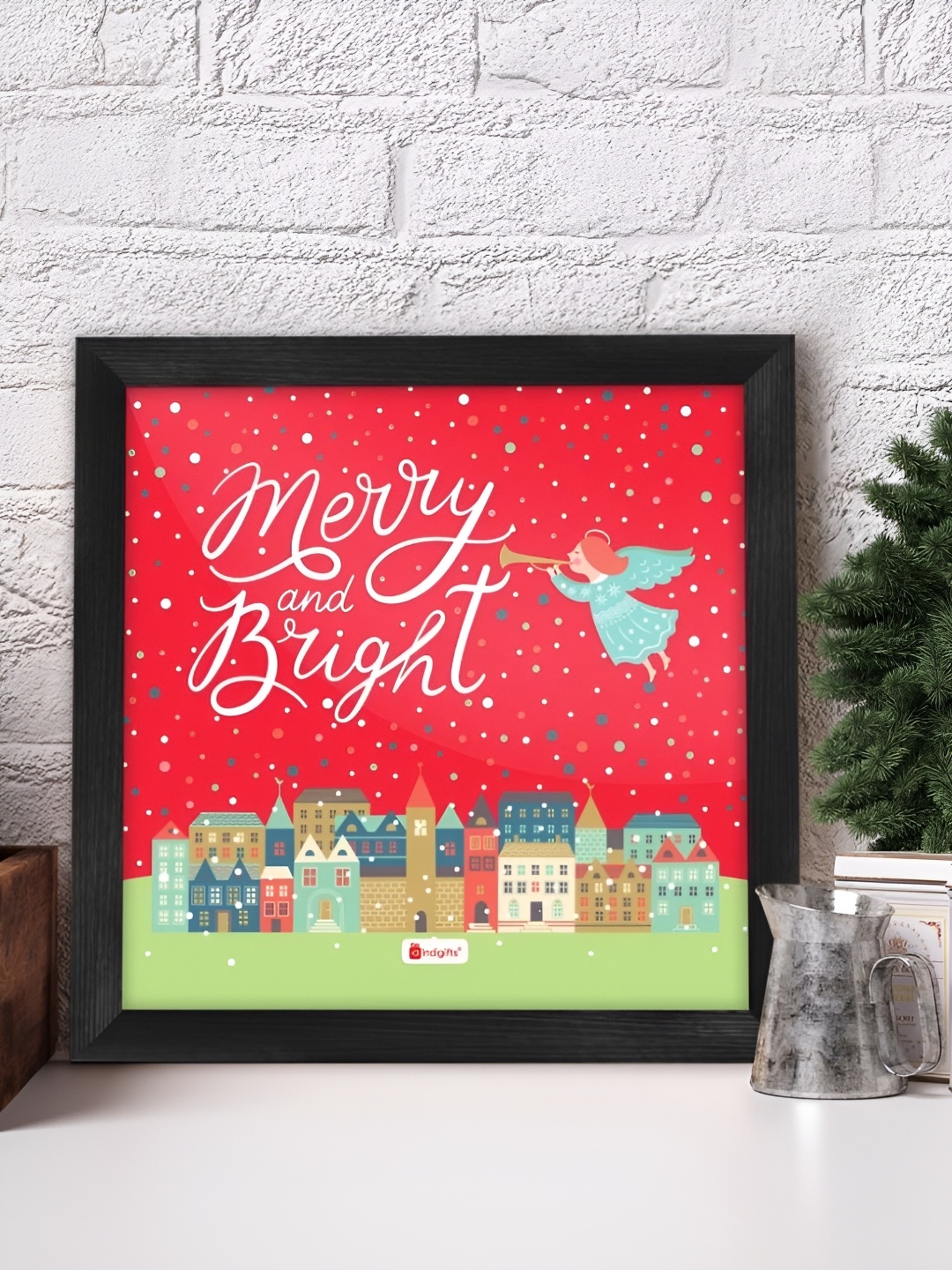 

Indigifts Red & Black Printed Wooden Christmas Decorations Photo Frame