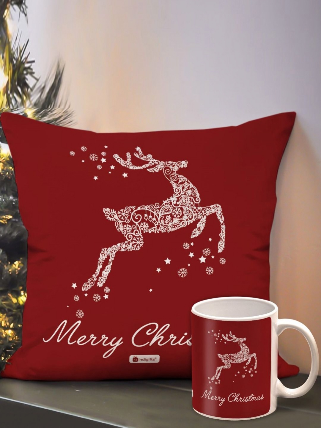 

Indigifts 2-Pcs Red & White Merry Christmas Printed Cushion Cover With Filler & Coffee Mug, Brown