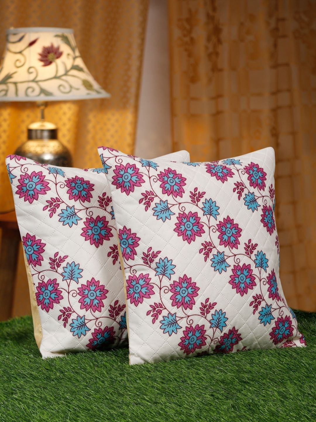 

SOKNACK White & Blue 2 Pieces Floral Printed Velvet Square Cushion Covers