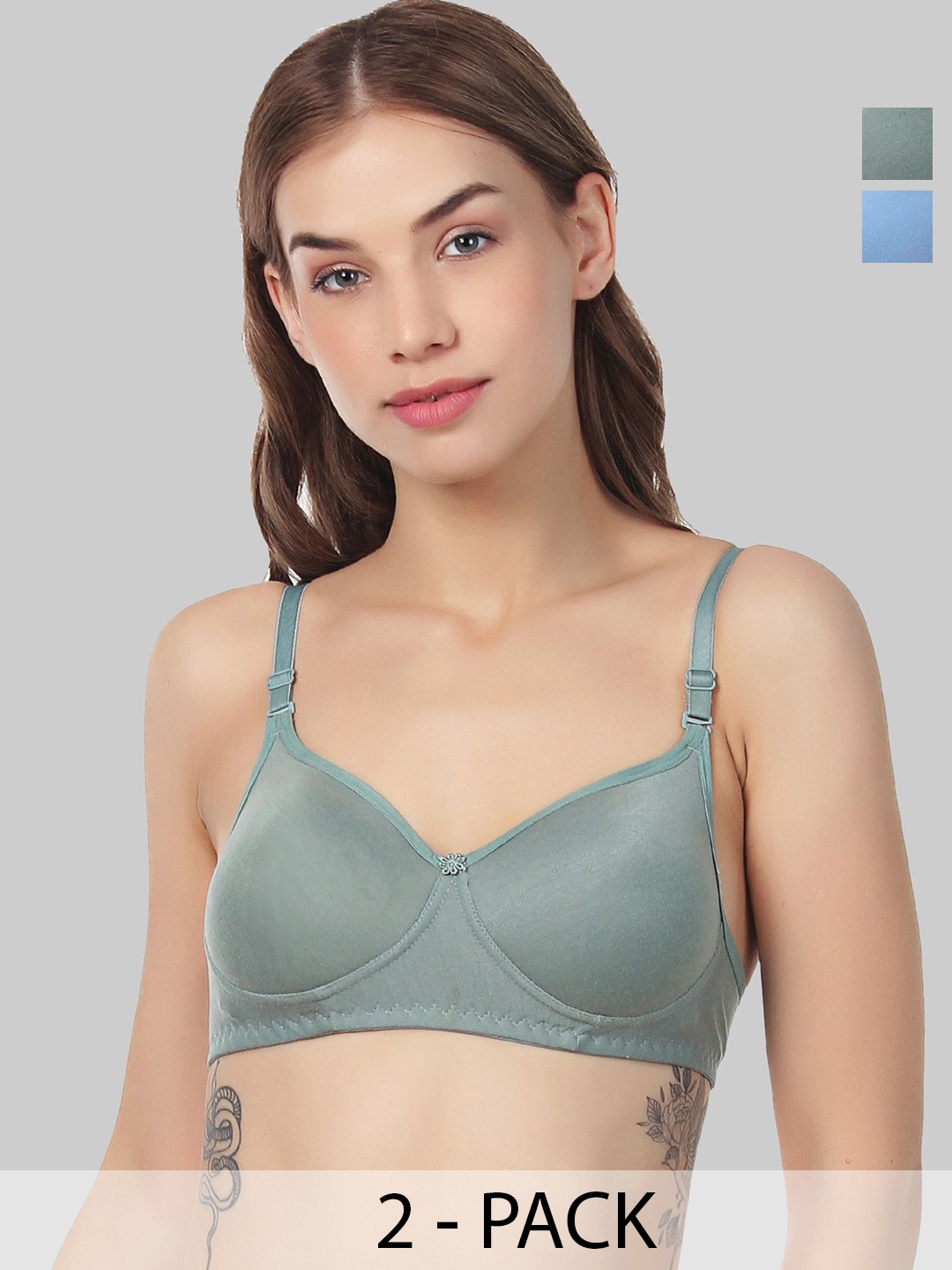 

Designer Bugs Women Pack Of 2 T-shirt Full Coverage Seamless Cotton dbnp Bra, Olive